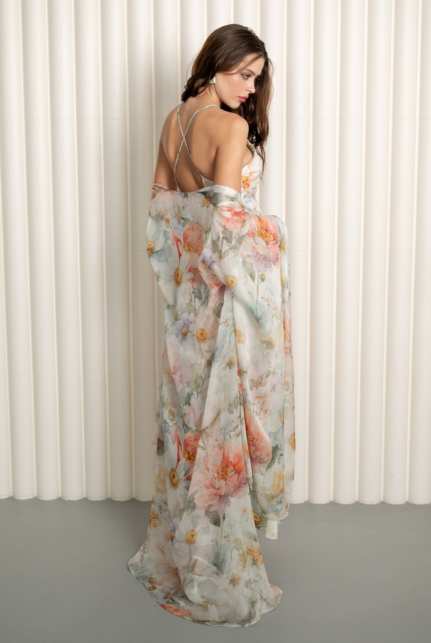 Silk robe and nightgown set with oversized floral pattern