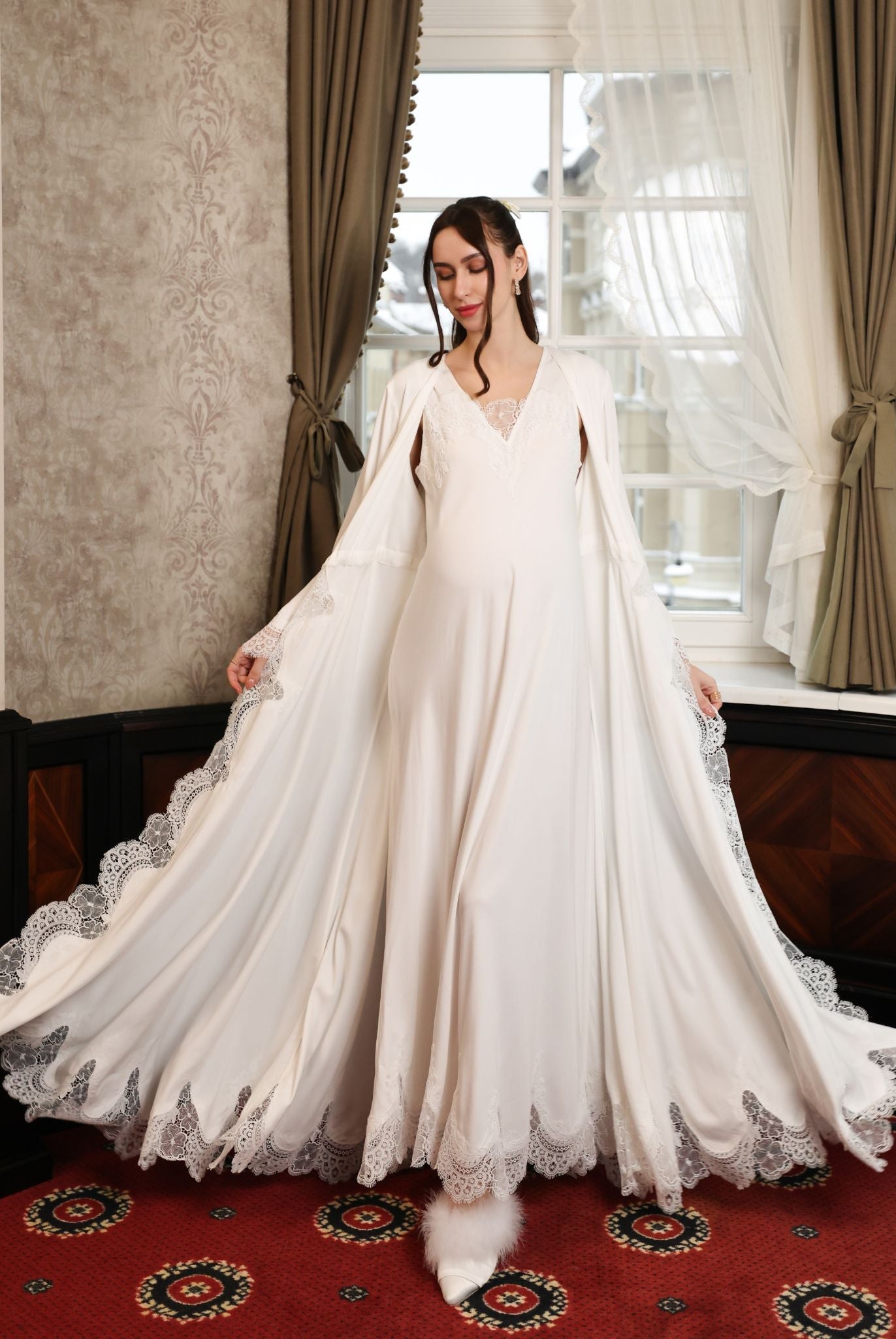 A full-length view of the Cotton Robe and Nightgown Set in motion, capturing its flowing movement and elegance.