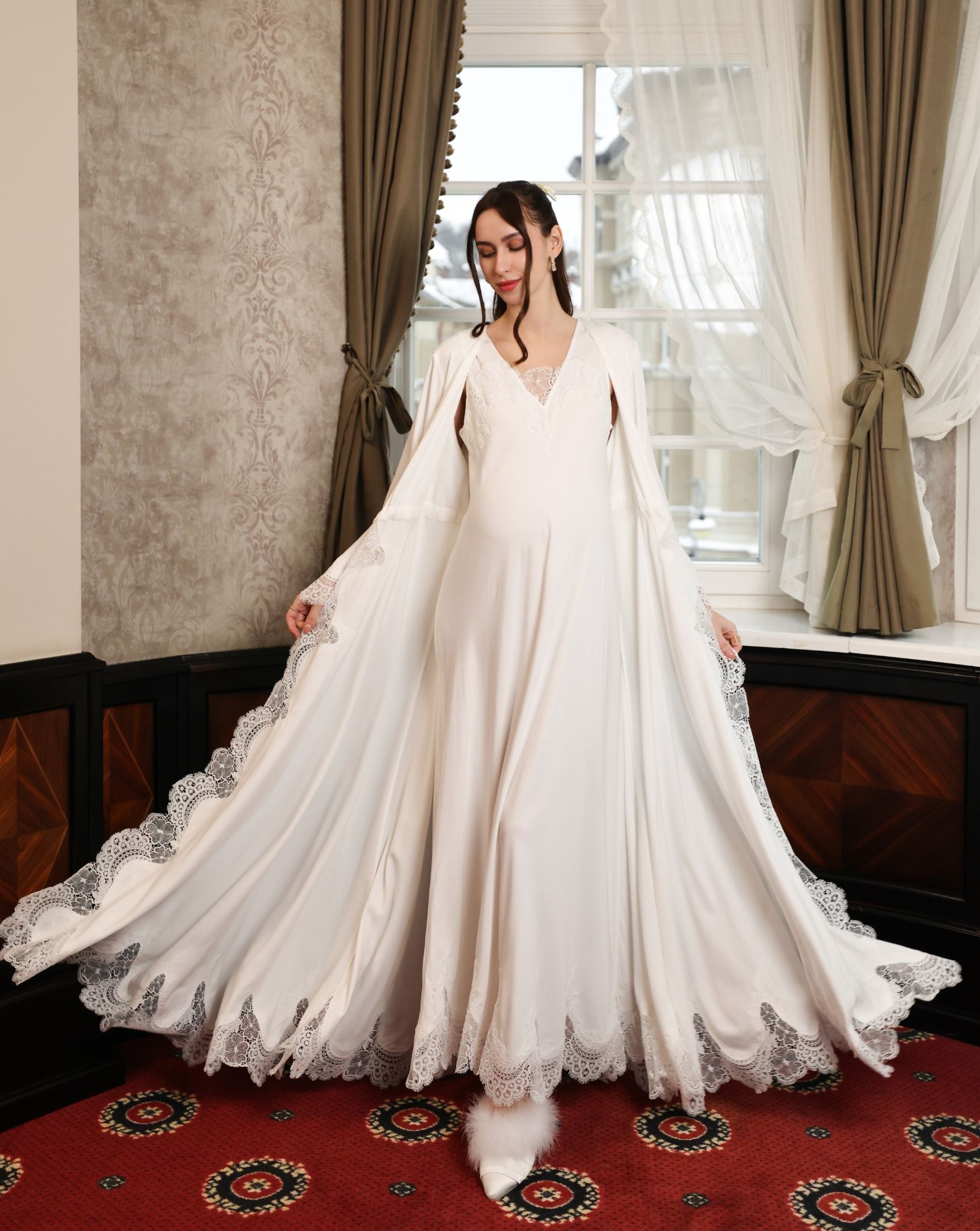 A full-length view of the Cotton Robe and Nightgown Set in motion, capturing its flowing movement and elegance.