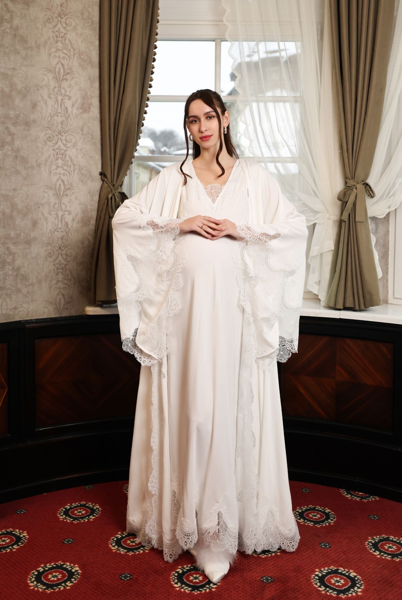 Full-length view of the Cotton Robe and Nightgown Set, designed to transition effortlessly through maternity.