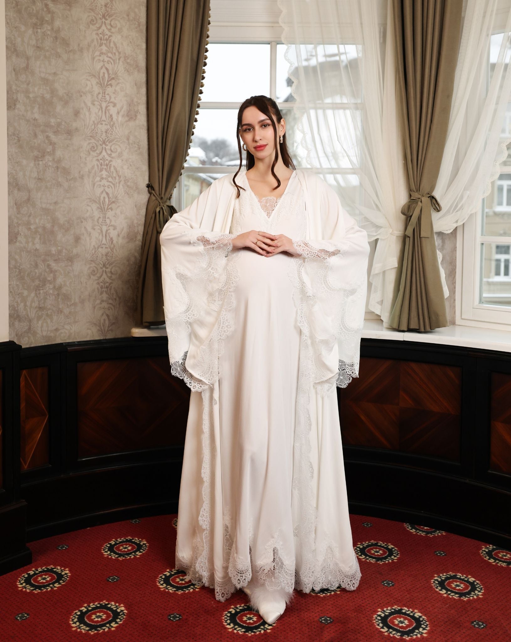 Full-length view of the Cotton Robe and Nightgown Set, designed to transition effortlessly through maternity.