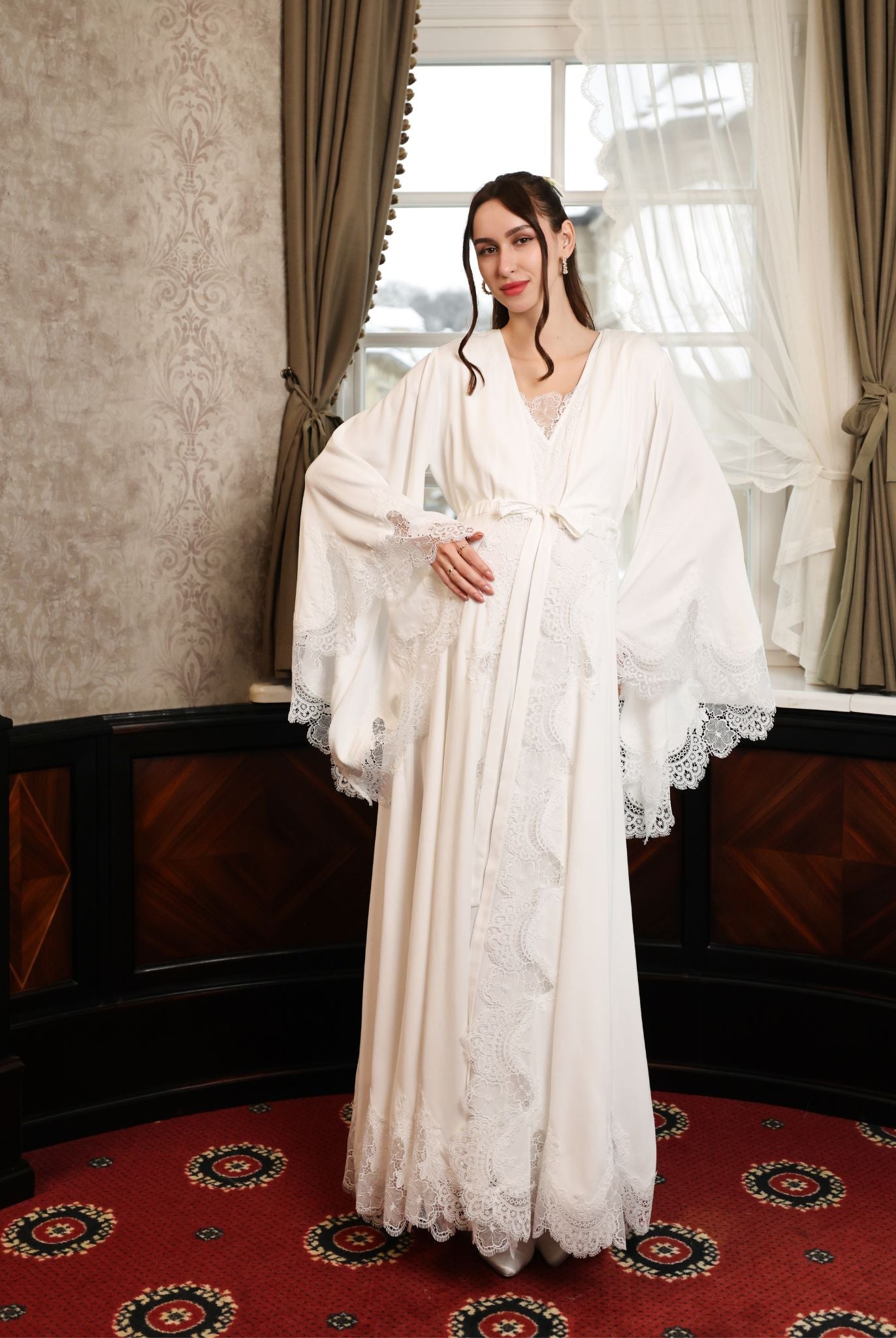 A maternity-friendly pose in the tied ensemble, highlighting the secure and soft coverage for expecting women.