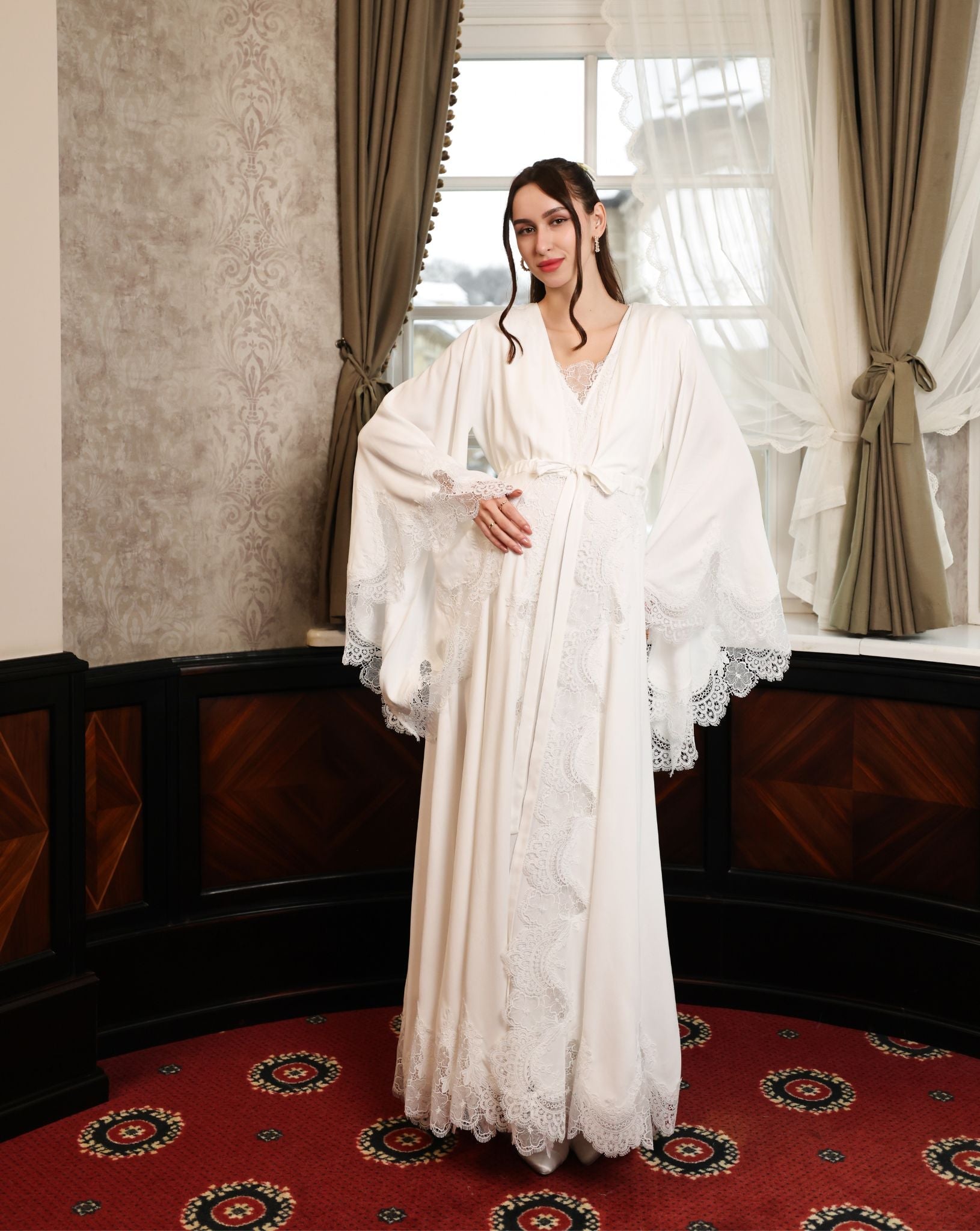 A maternity-friendly pose in the tied ensemble, highlighting the secure and soft coverage for expecting women.