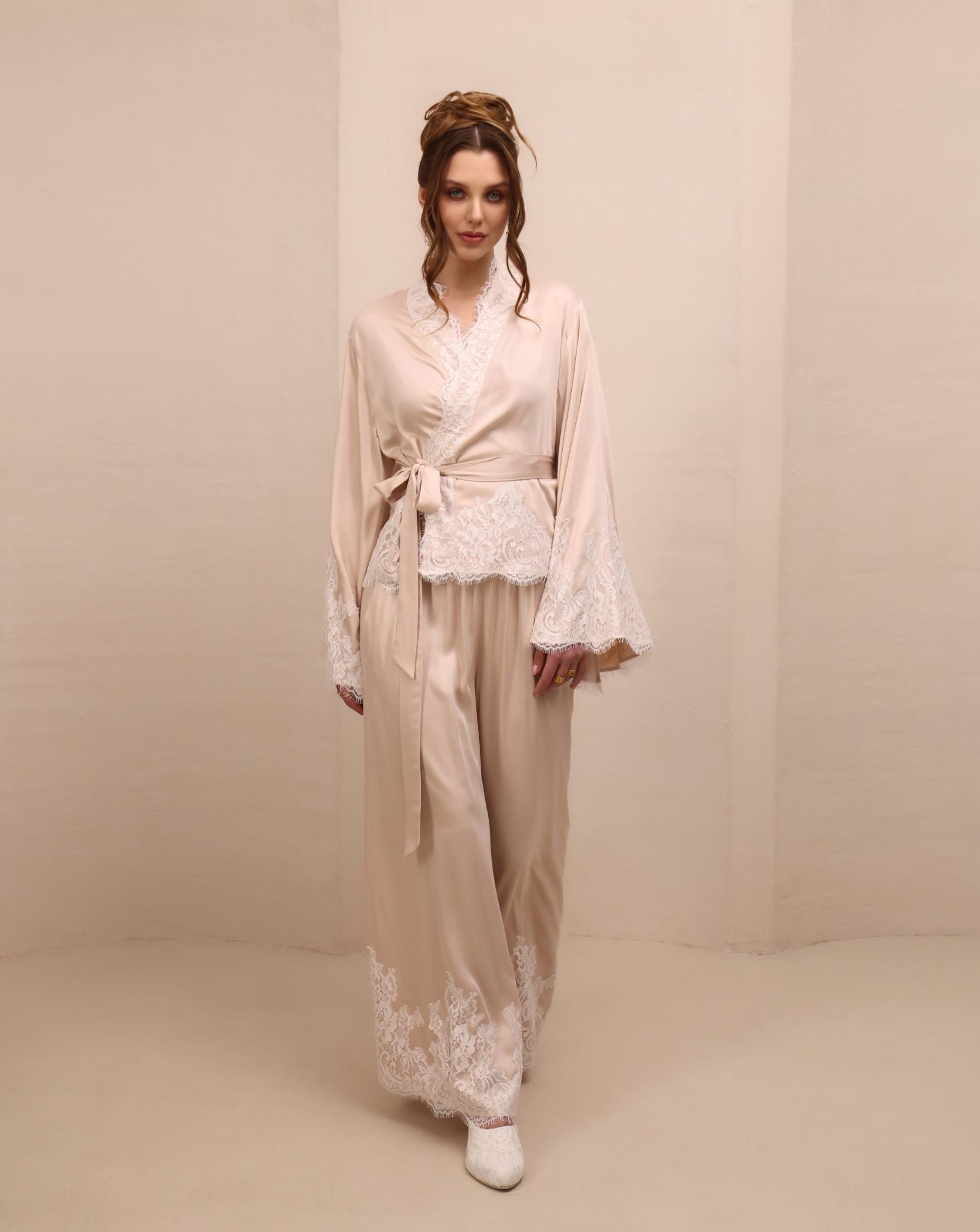 A dynamic frontal shot of the Pyjamas Set, showcasing the effortless movement and soft rayon fabric.