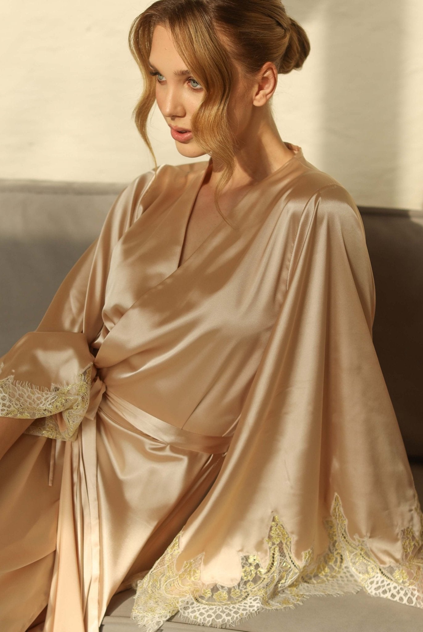 Champagne satin robe with soft lace detail at cuffs – Kafemme loungewear