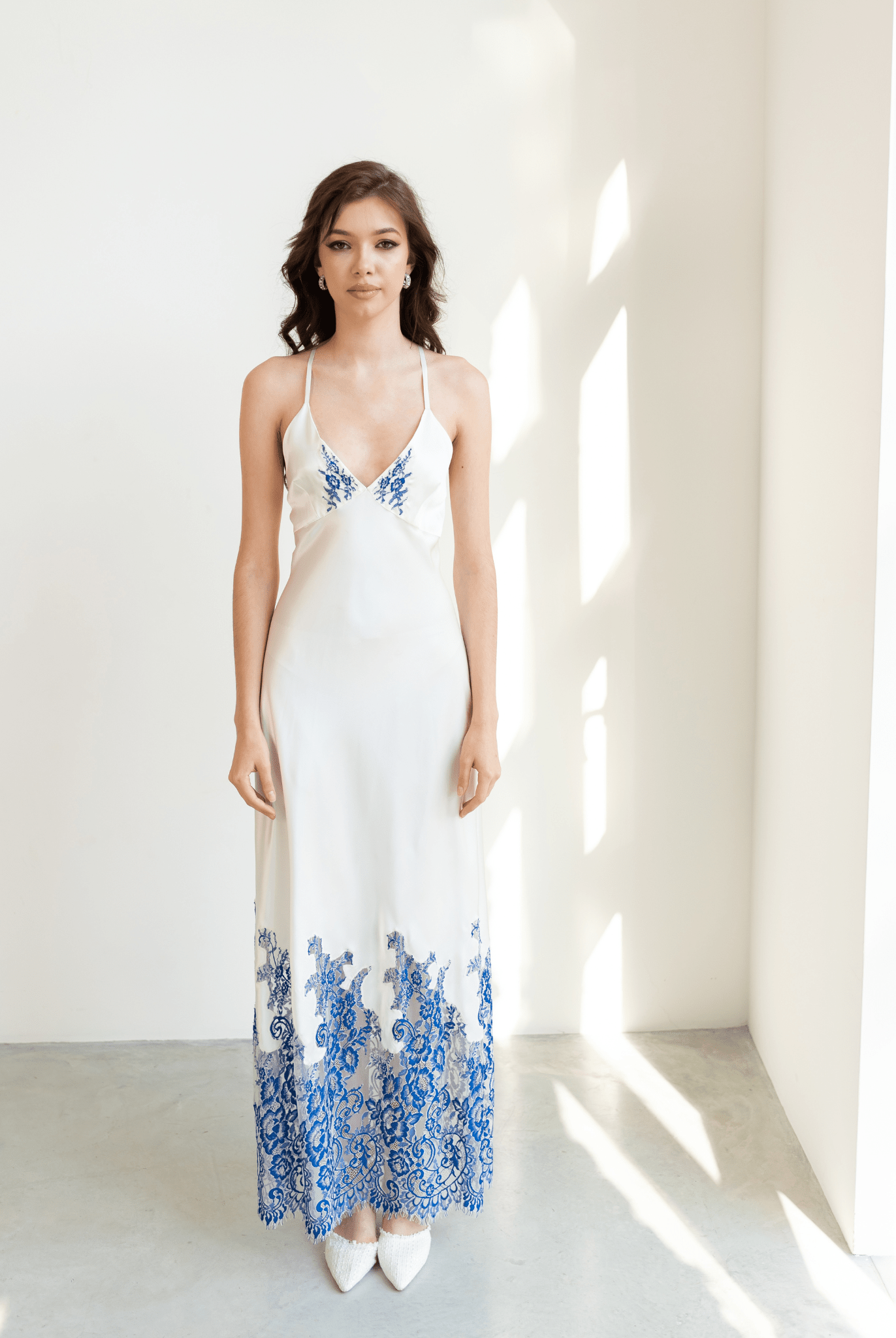 Silk nightgown set with blue floral embroidery – front view