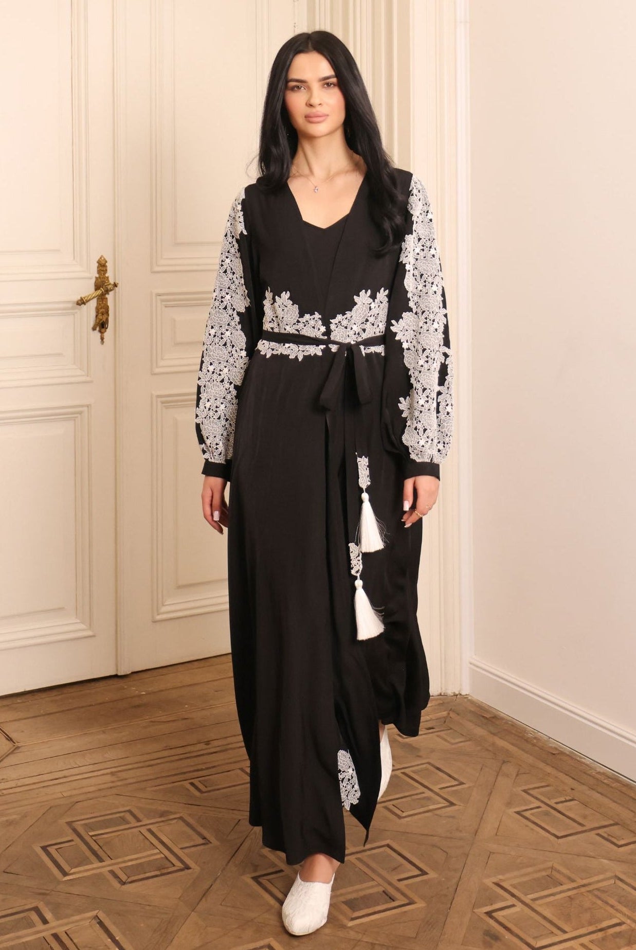 A full-length view of the Robe and Nightgown Set in motion, capturing the clean, fluid lines and lace detailing.