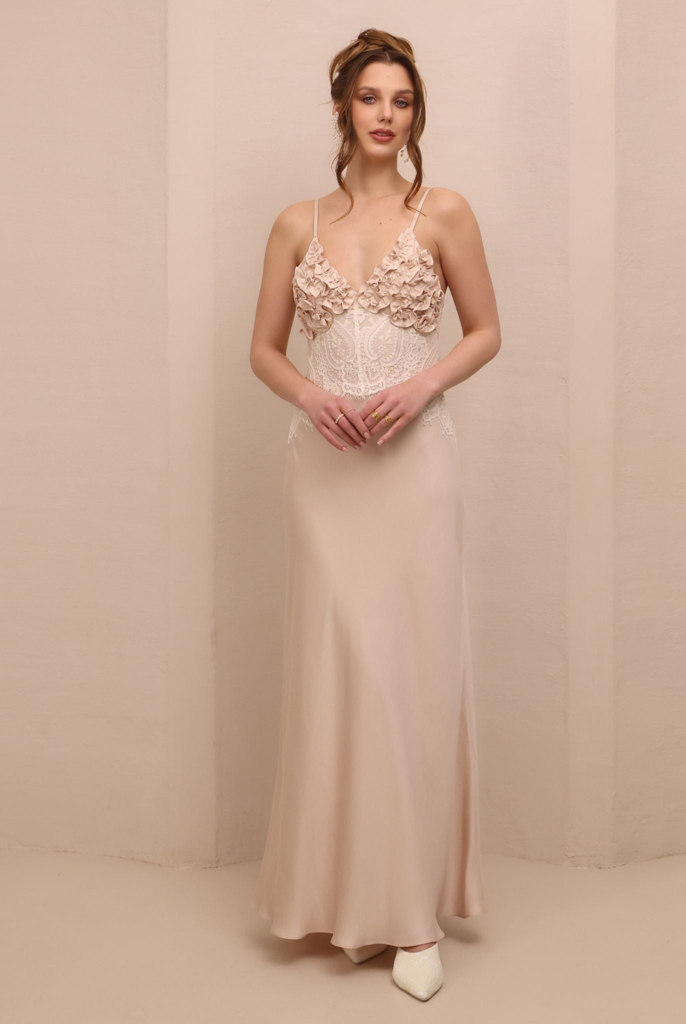 Frontal view of the nightgown, featuring ruffled cups and lace inserts that frame the body with refined femininity.