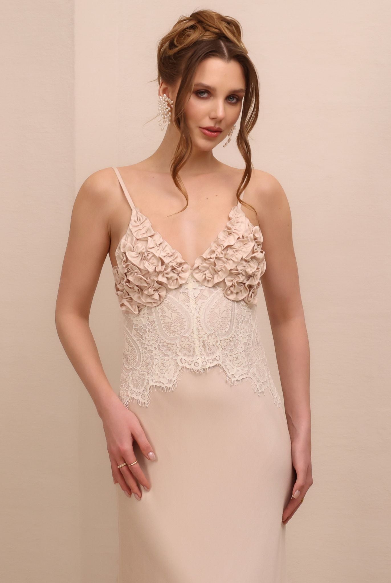 A mid-length shot of the nightgown, showcasing the smooth, fluid drape of the high-quality rayon satin.