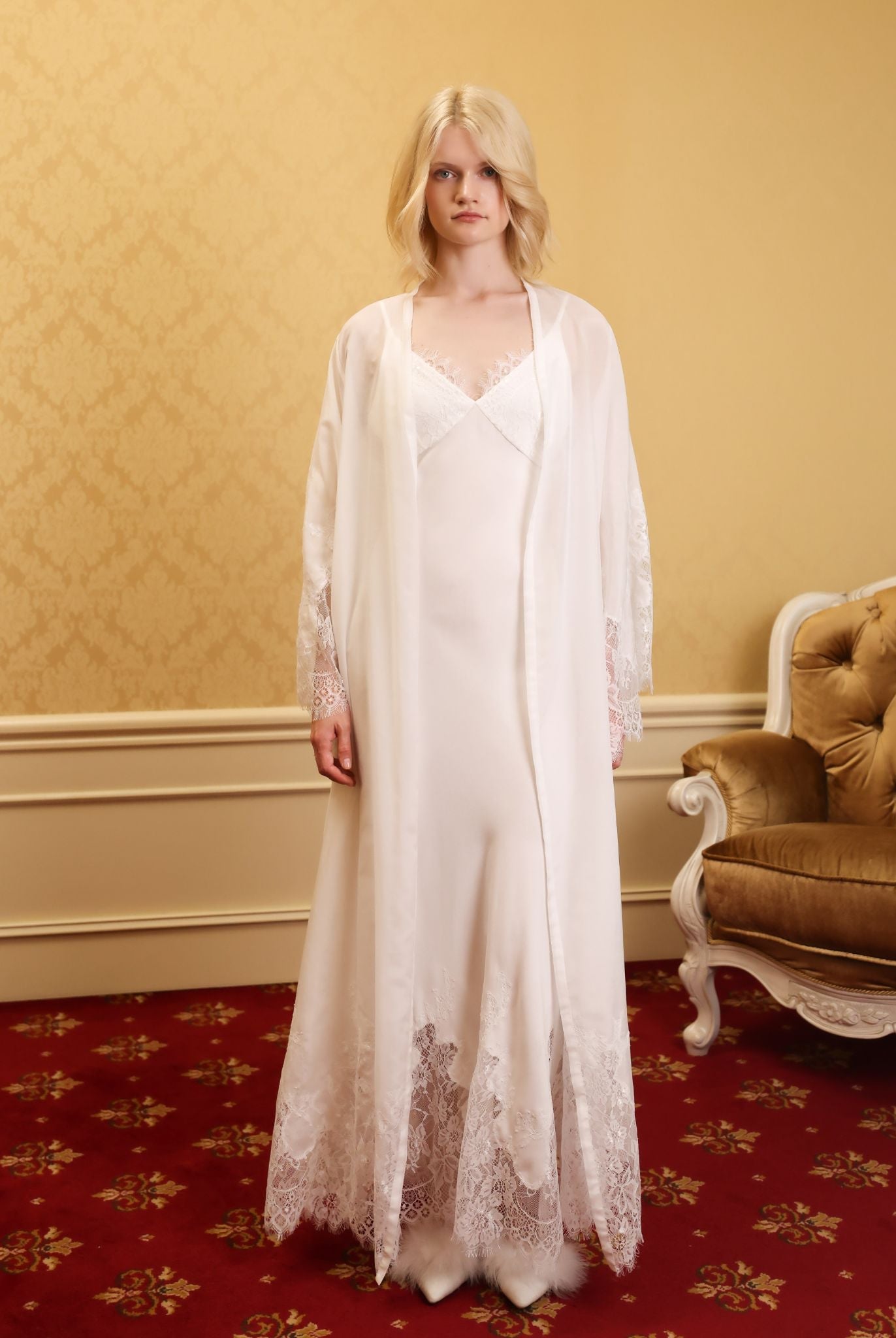 Static full-length view of the elegant white lounge ensemble, showcasing the lightweight natural fabric and serene style.