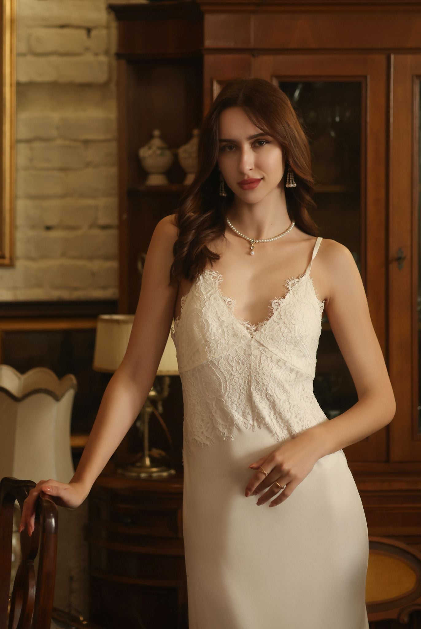 A mid-length shot of the nightgown from head to knees, illustrating the soft, flowing silhouette along the body.