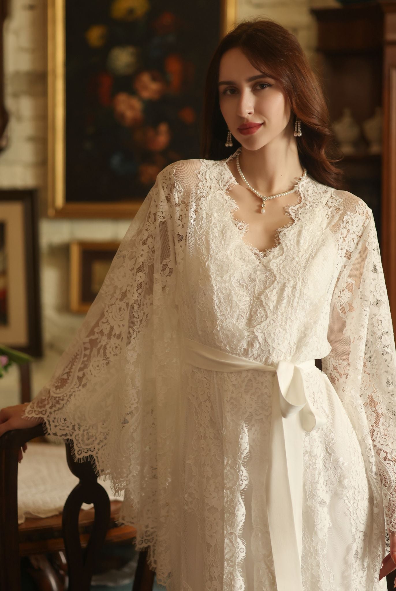 A mid-length shot of the wrapped Bridal Robe and Nightgown Set, showing the secure soft tie closure at the waist.