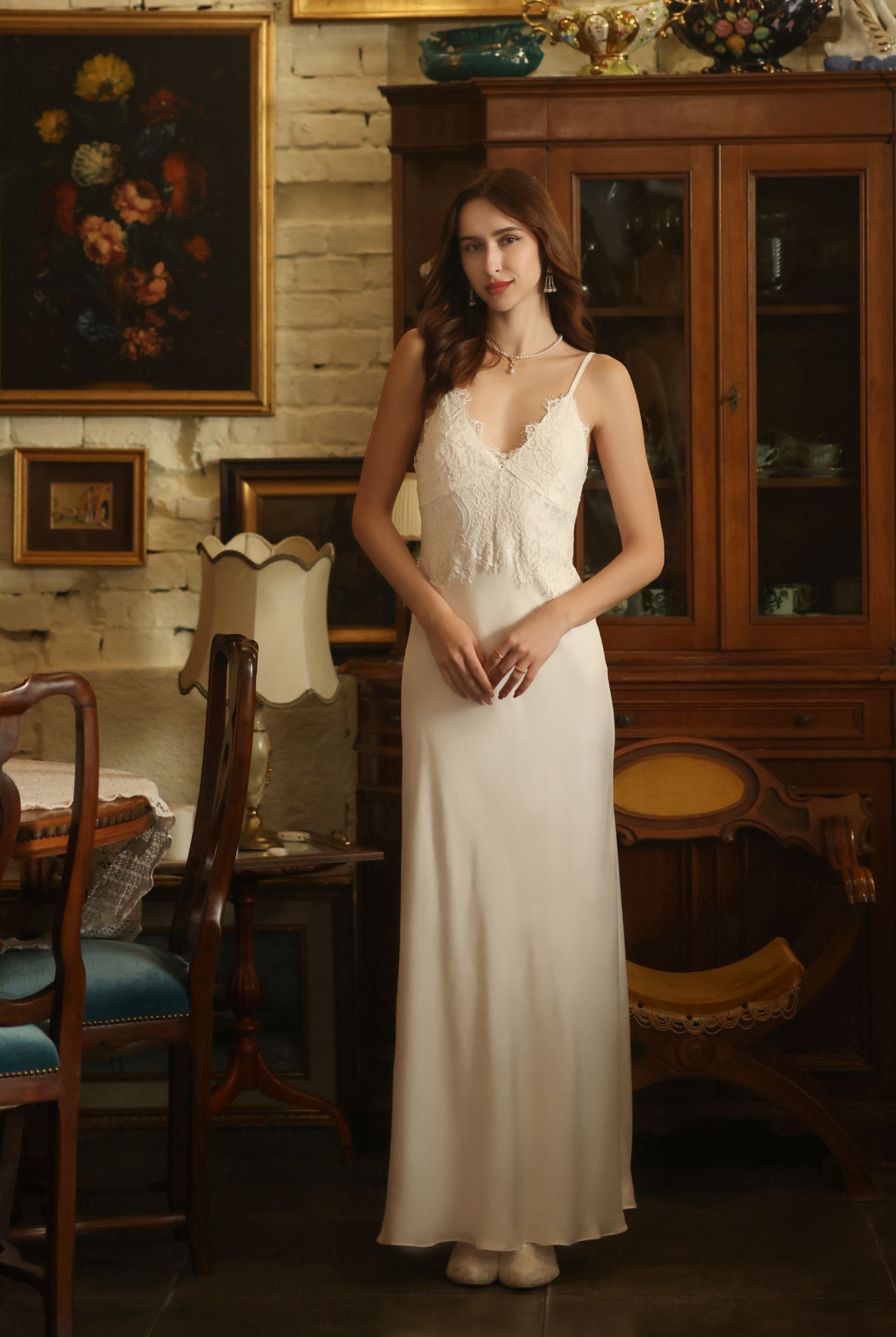 Frontal view of the rayon nightgown, highlighting the lace-embellished cups without padding and natural shape.