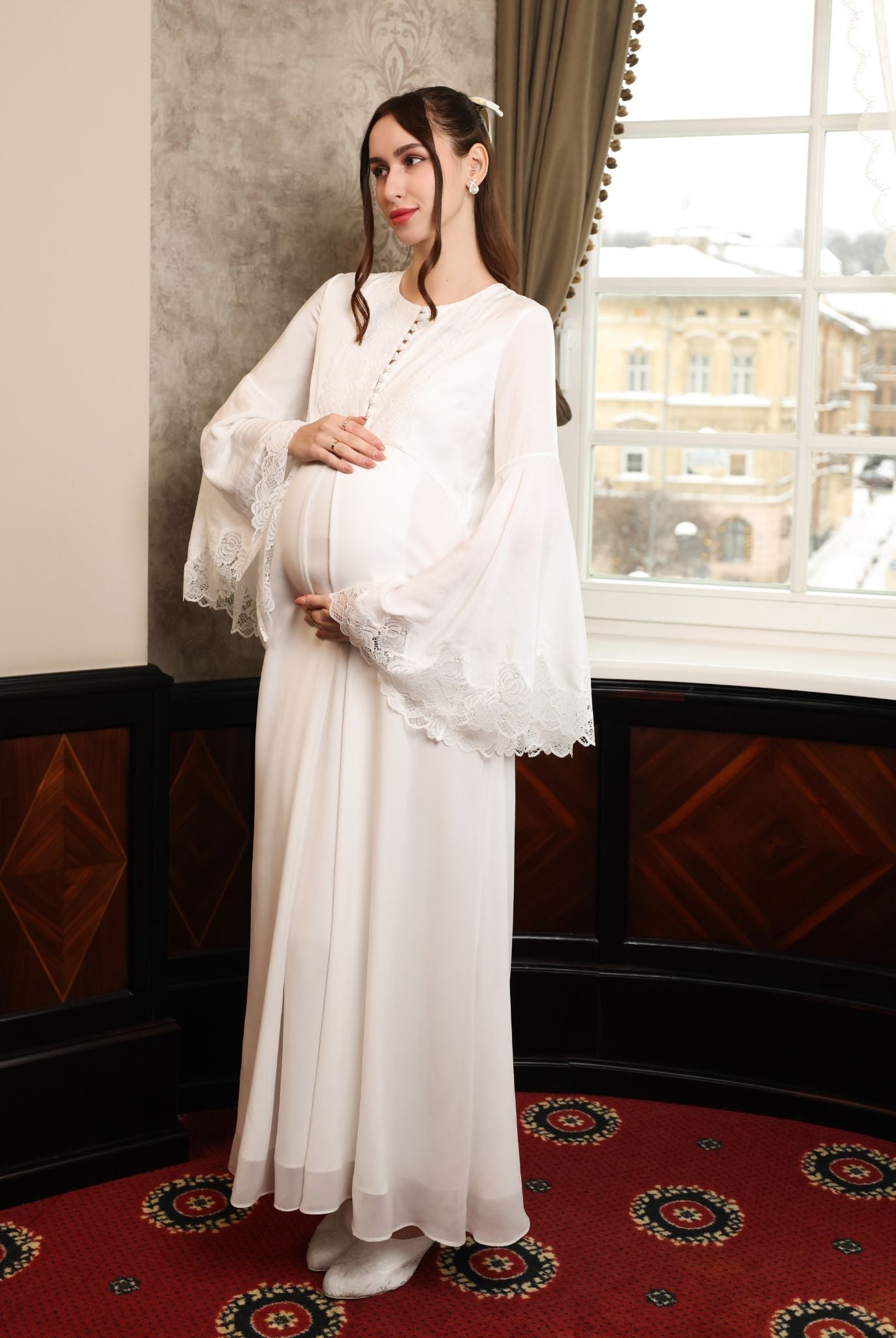 An aesthetic side view of the Modest Lounge Dress, showcasing beauty without restriction for a quiet evening.