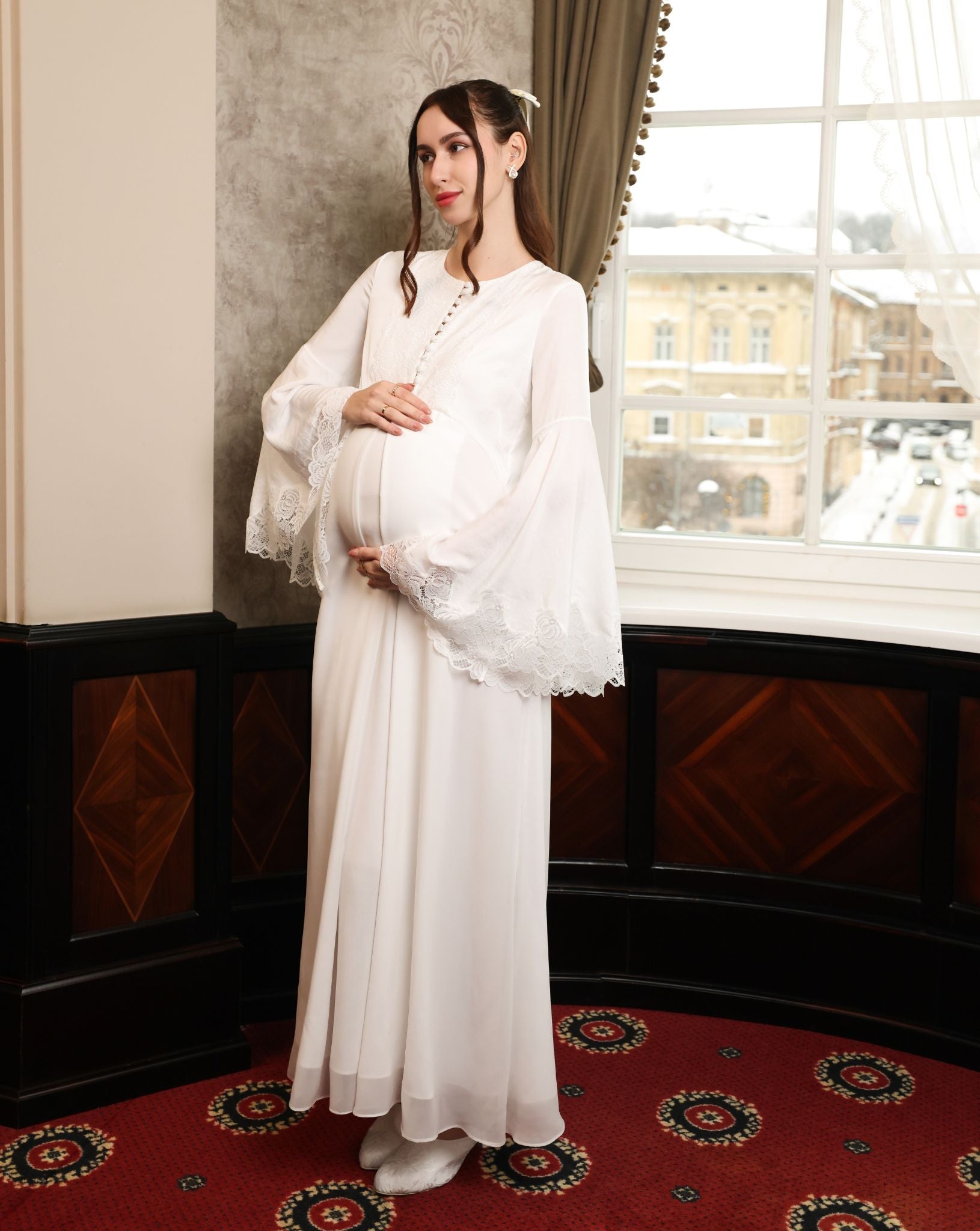 An aesthetic side view of the Modest Lounge Dress, showcasing beauty without restriction for a quiet evening.