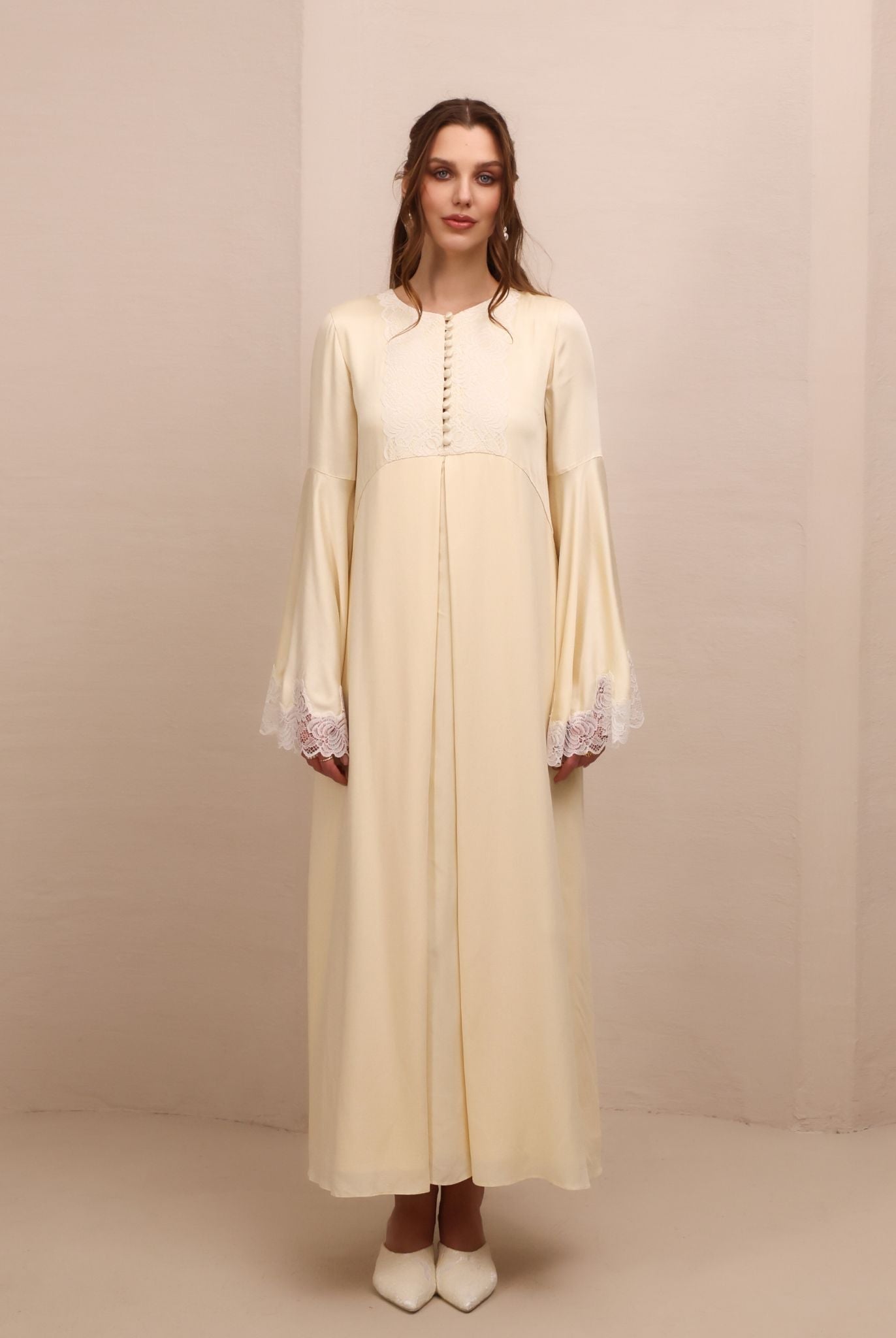 A serene static view of the Modest Lounge Dress, designed for an elegant and comfortable look at home.