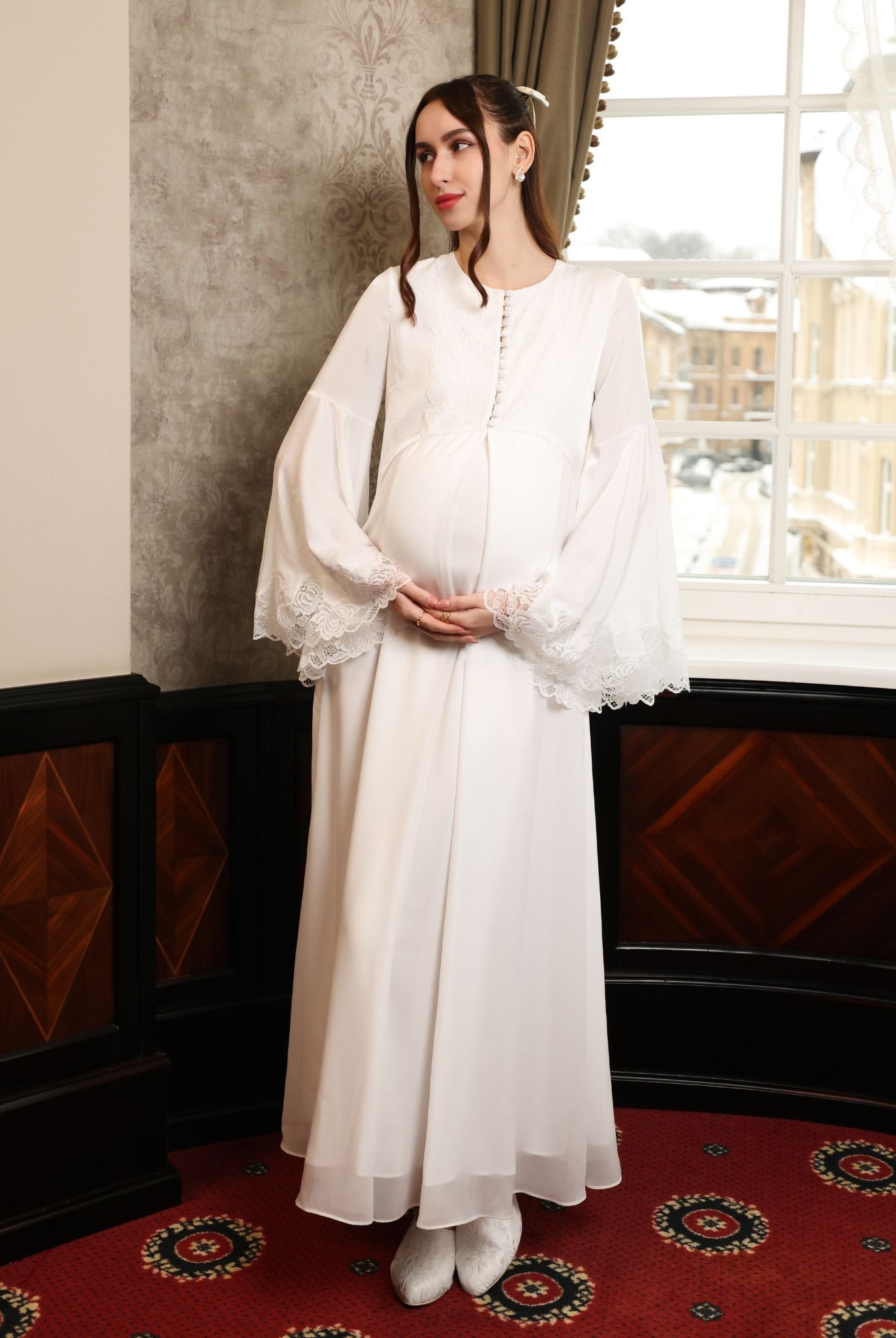 Full-length view of the Modest Lounge Dress, showcasing the layered chiffon skirt and elongated silhouette.
