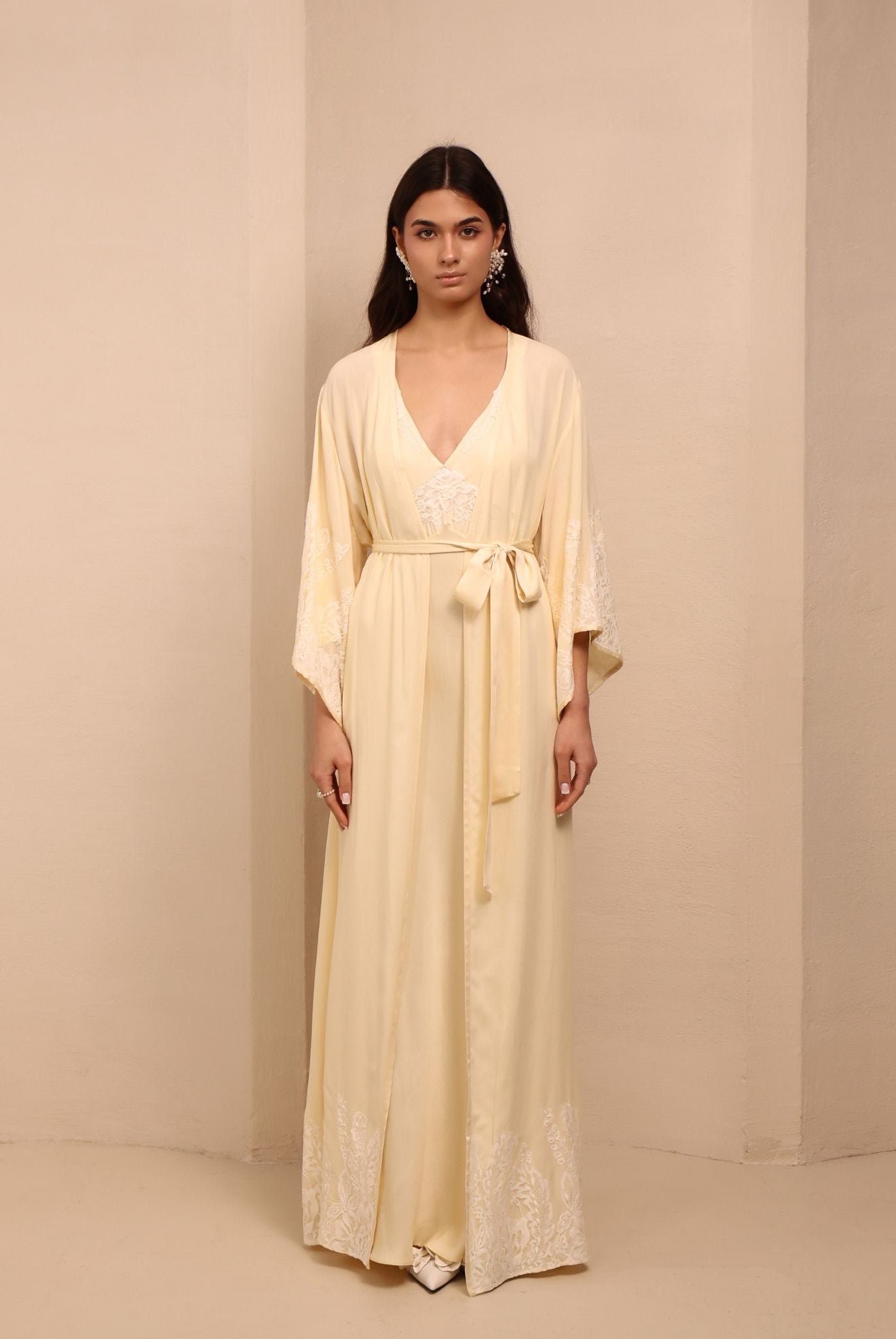 A static frontal view of the Robe and Nightgown Set tied with a sash, showcasing an elegant and refined finish.