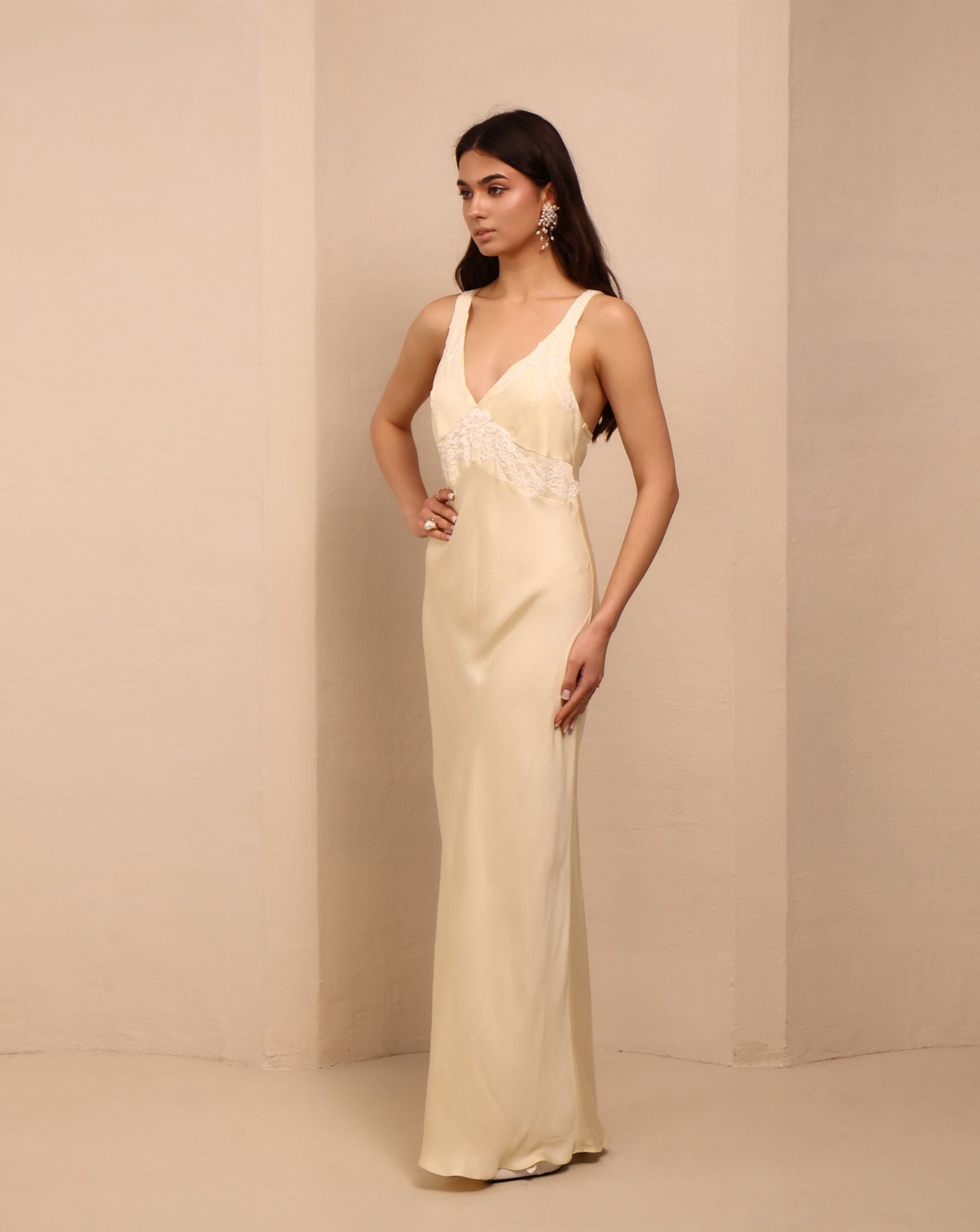 Frontal shot of the nightgown, featuring a flattering cut and subtle lace accents for a romantic, feminine look.