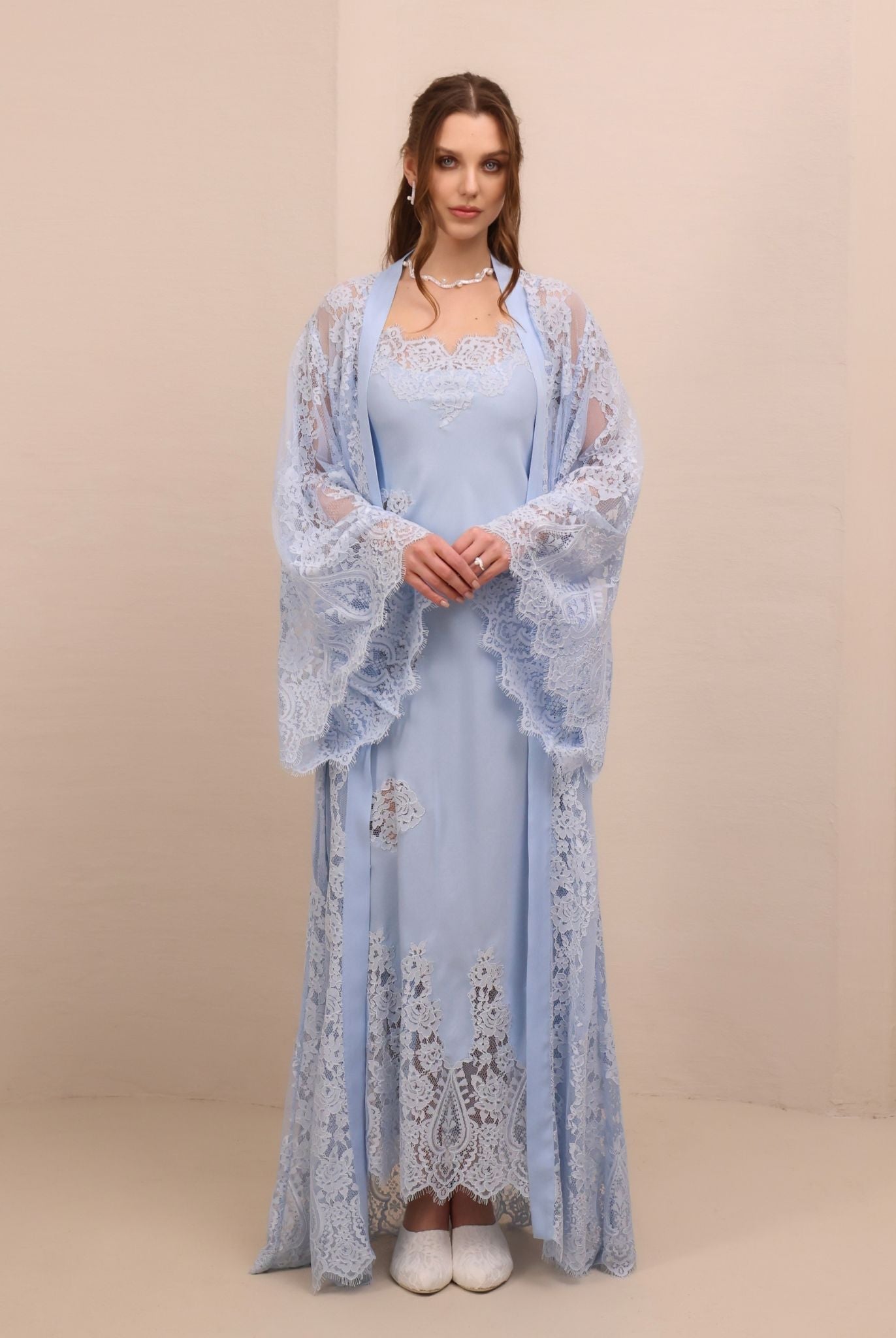 A static frontal view of the Robe and Nightgown Set, showcasing the soft, timeless silhouette and refined aesthetic.