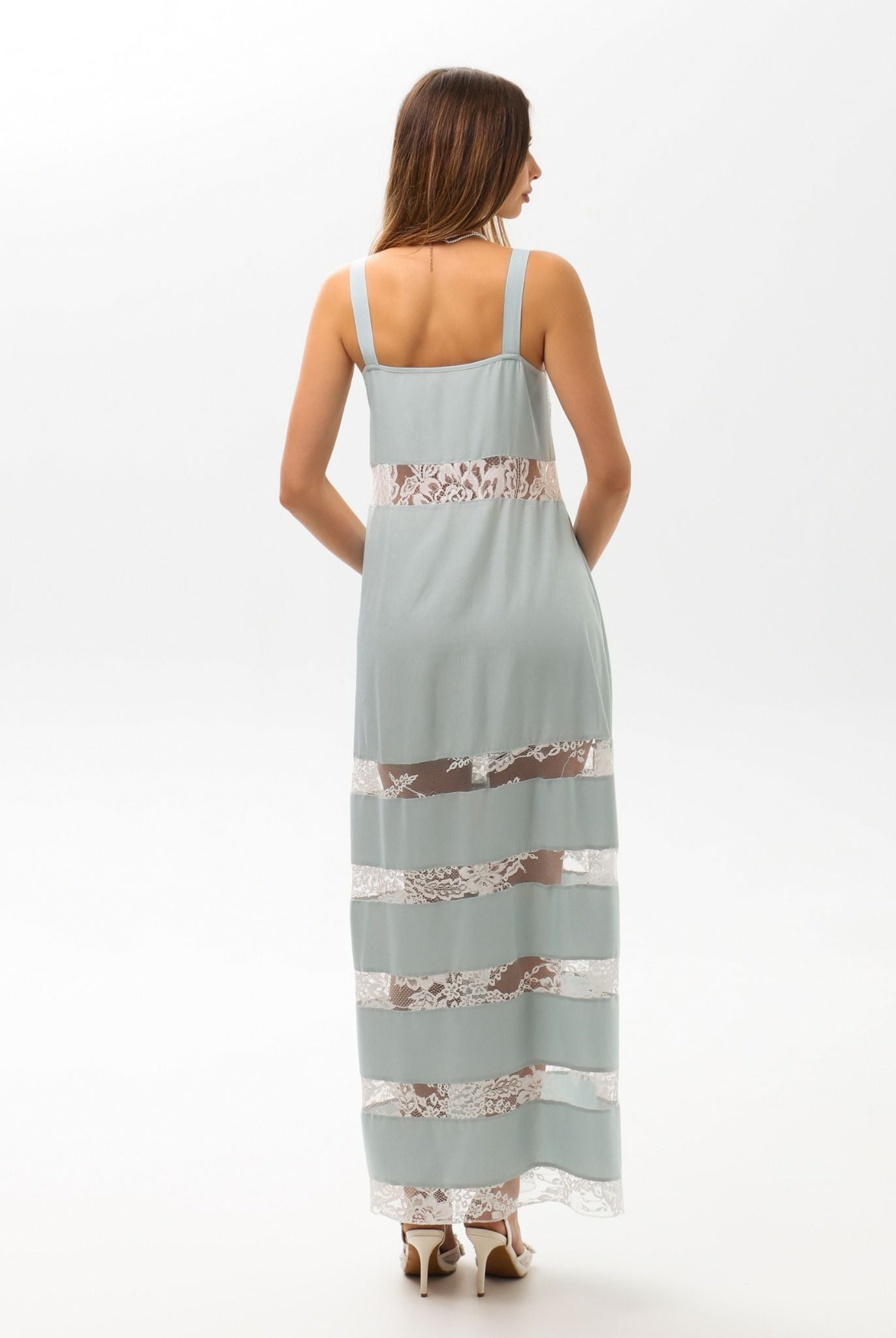 Back perspective of the floor-length nightdress, illustrating the elegant silhouette and timeless refinement.