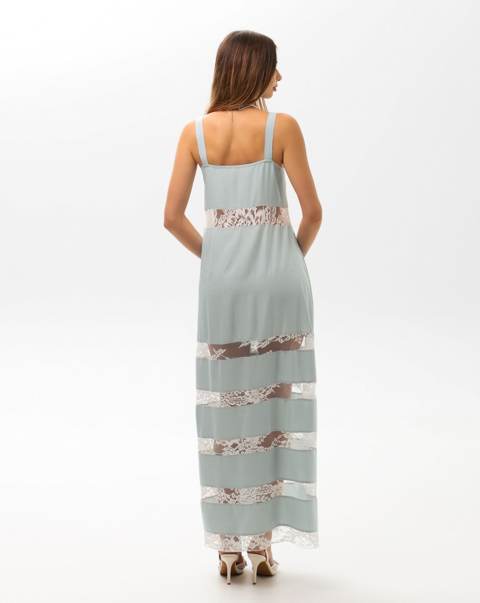 Back perspective of the floor-length nightdress, illustrating the elegant silhouette and timeless refinement.