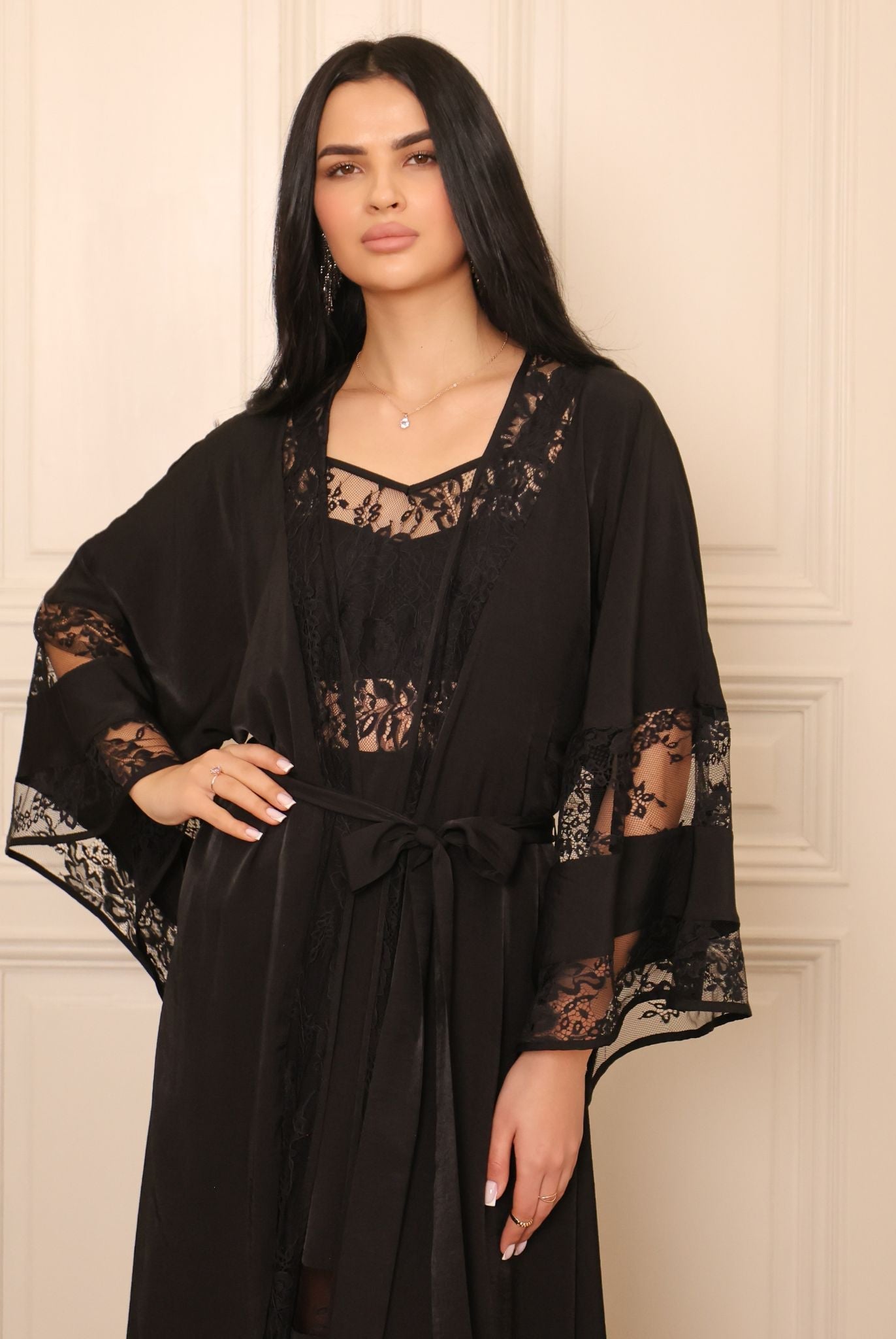 Mid-length shot of the Robe and Nightgown Set, showcasing the elegant finish and romantic floral lace detailing.