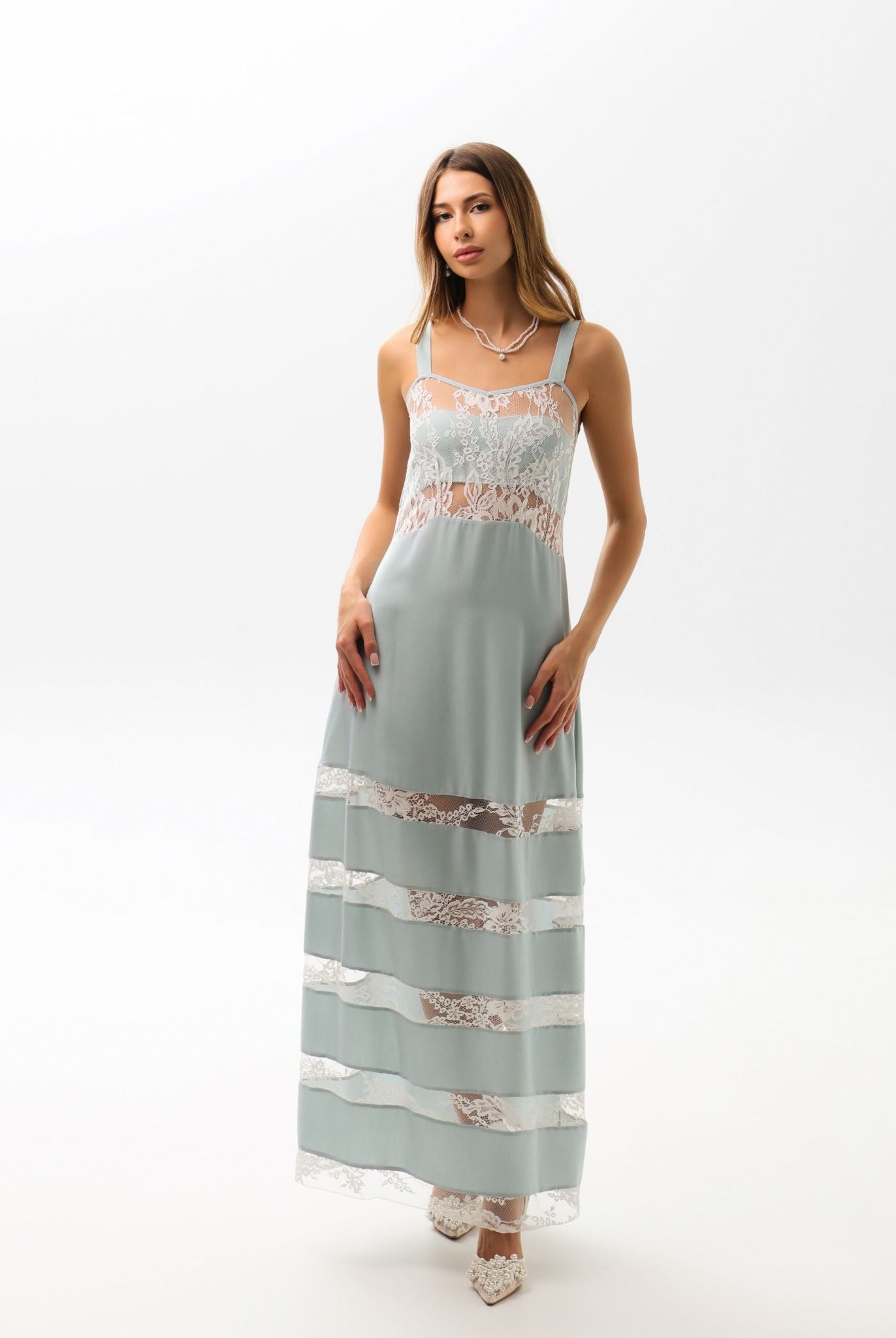Frontal view of the nightgown, featuring a flattering cut and delicate floral lace inserts that elevate the design.