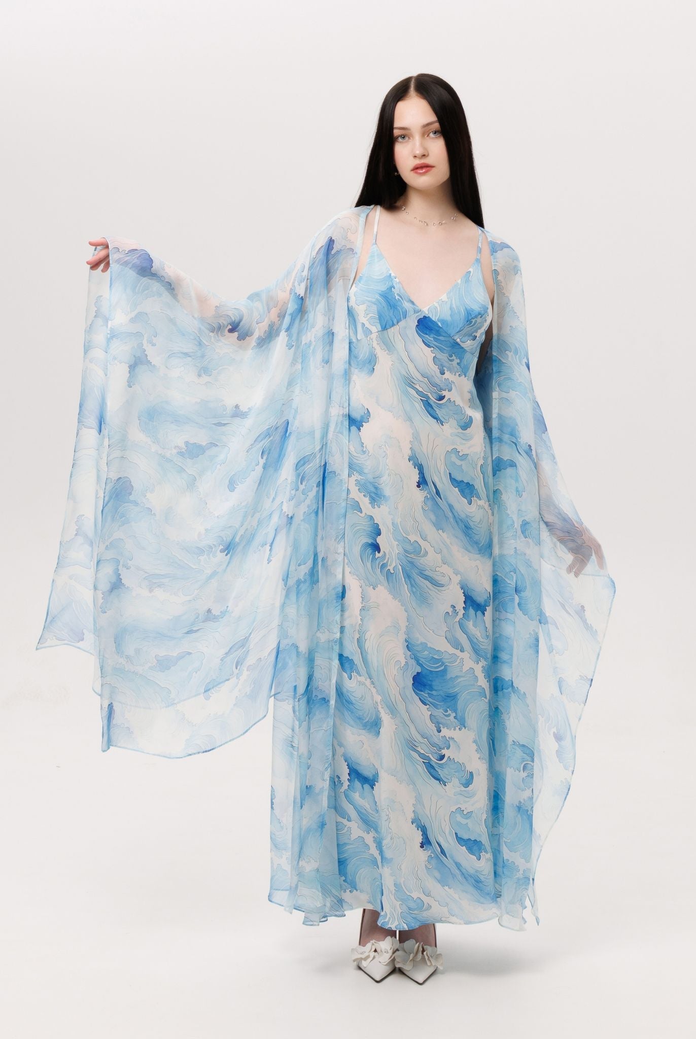 Full-height perspective highlighting the light and breathable mulberry silk that drapes softly over the body.