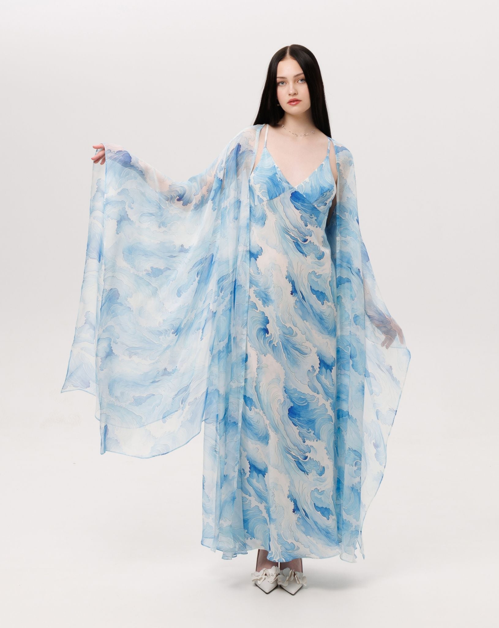 Full-height perspective highlighting the light and breathable mulberry silk that drapes softly over the body.
