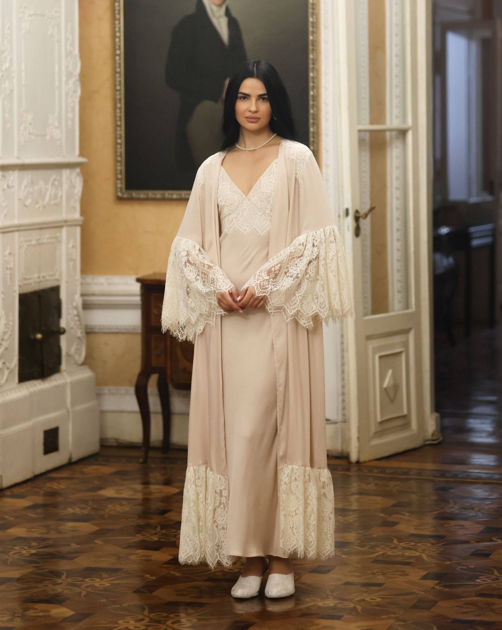 A full-length view of the Robe and Nightgown Set, showcasing the graceful silhouette and dramatic lace bell sleeves.