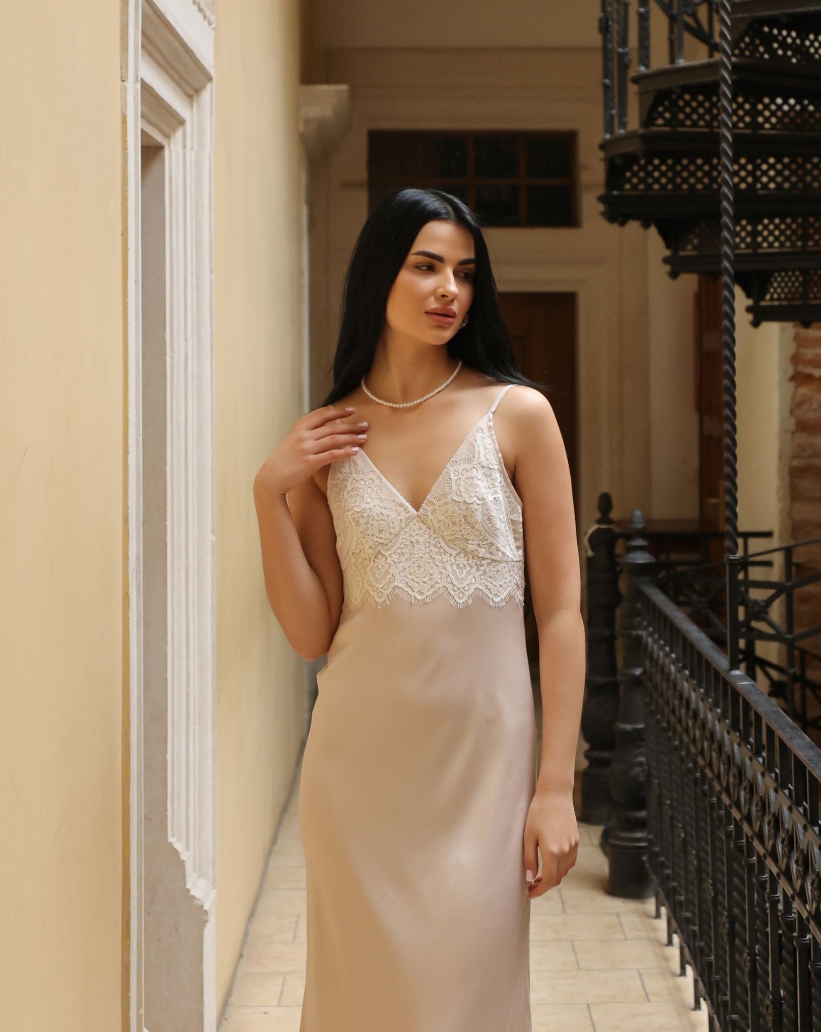Frontal view of the nightgown from the Robe and Nightgown Set, featuring lace-embellished cups and a smooth drape.