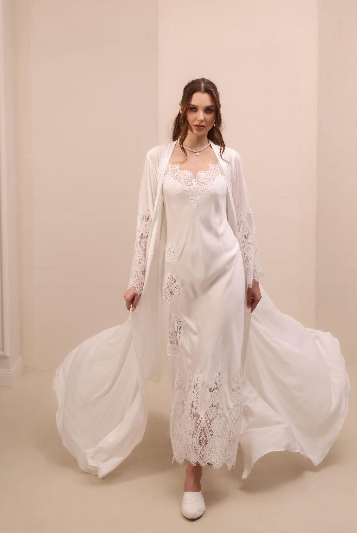 A spirited shot of the Robe and Nightgown Set in motion, highlighting the perfect balance of romance and ease.