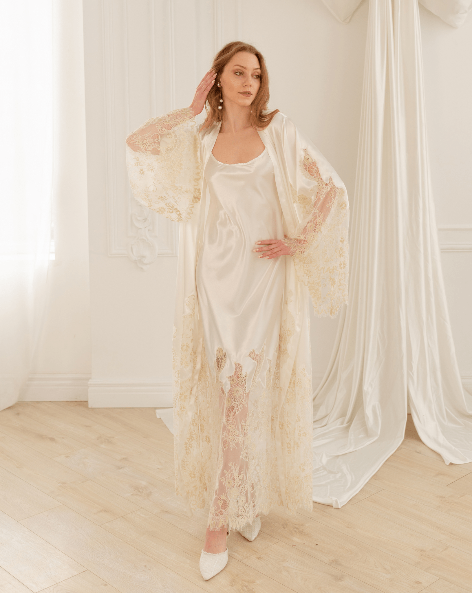 Champagne nightgown with lace detailing, styled with sheer robe – Kafemme