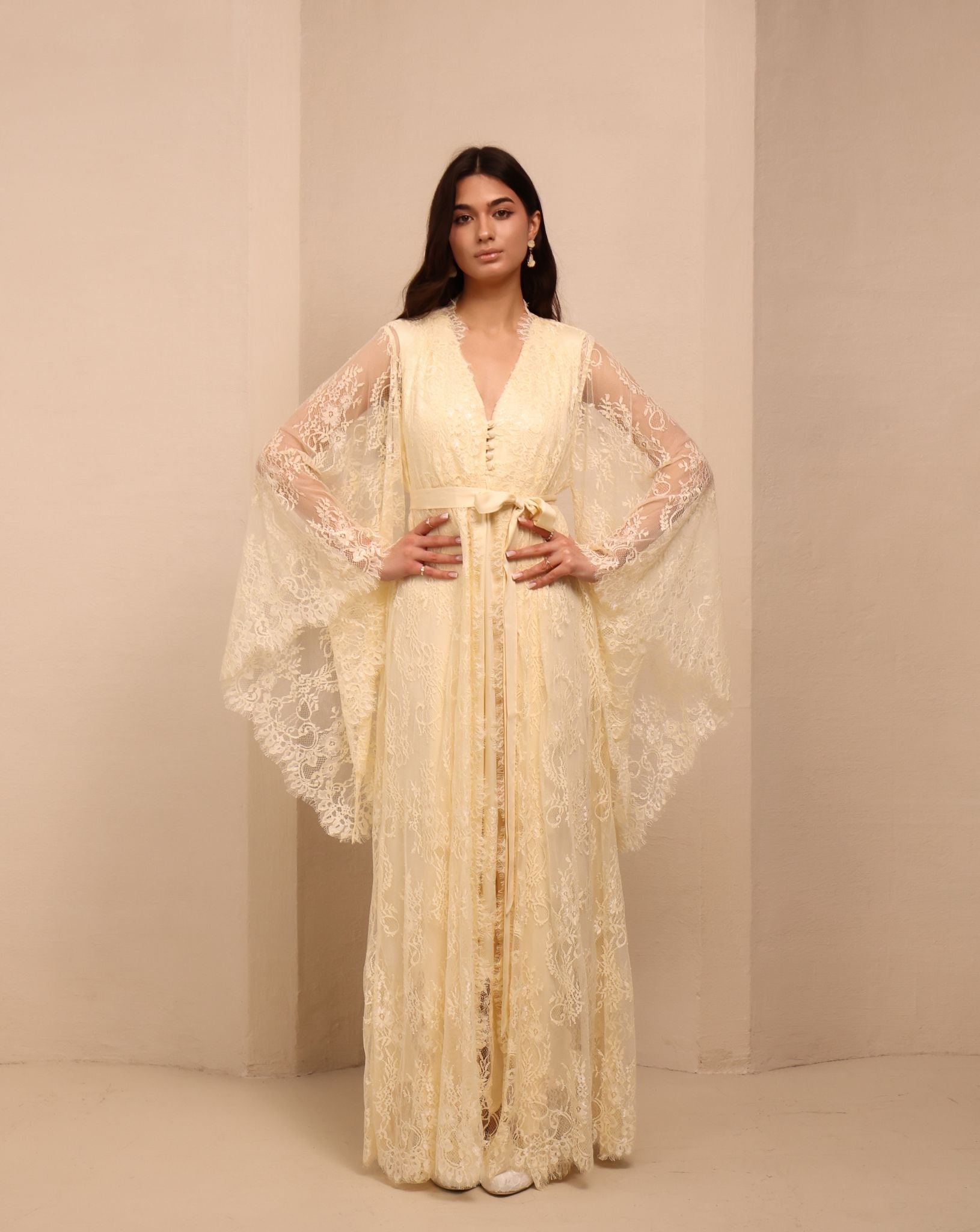 A frontal shot of the Maternity Robe and Nightgown Set tied at the waist, illustrating a neat and feminine fit.