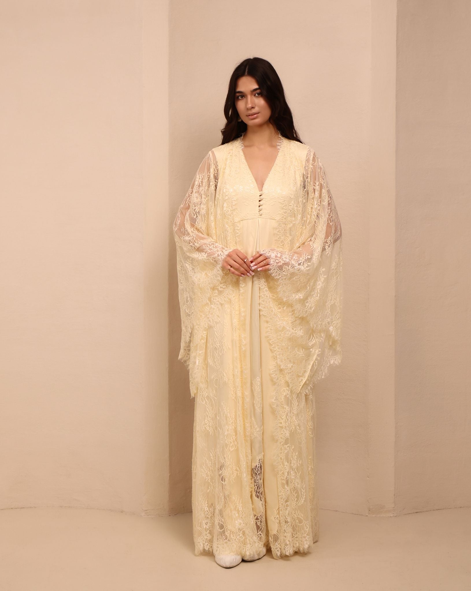 A poised frontal view of the vanilla Maternity Robe and Nightgown Set, designed for comfort and soulfulness at home.