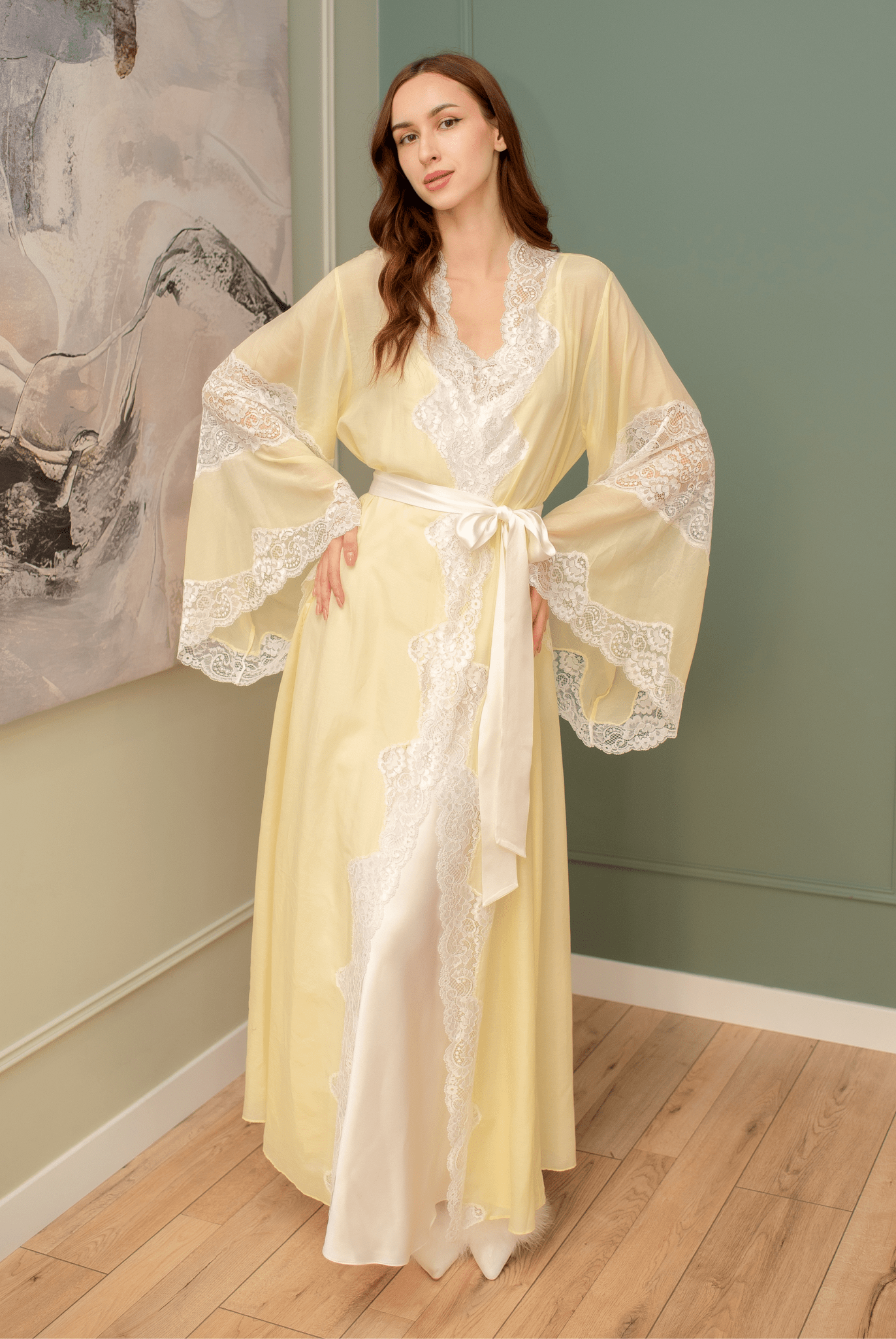 A complete Silk Robe and Nightgown Set in a wrap-over style with a tie, emphasizing a refined loungewear look.