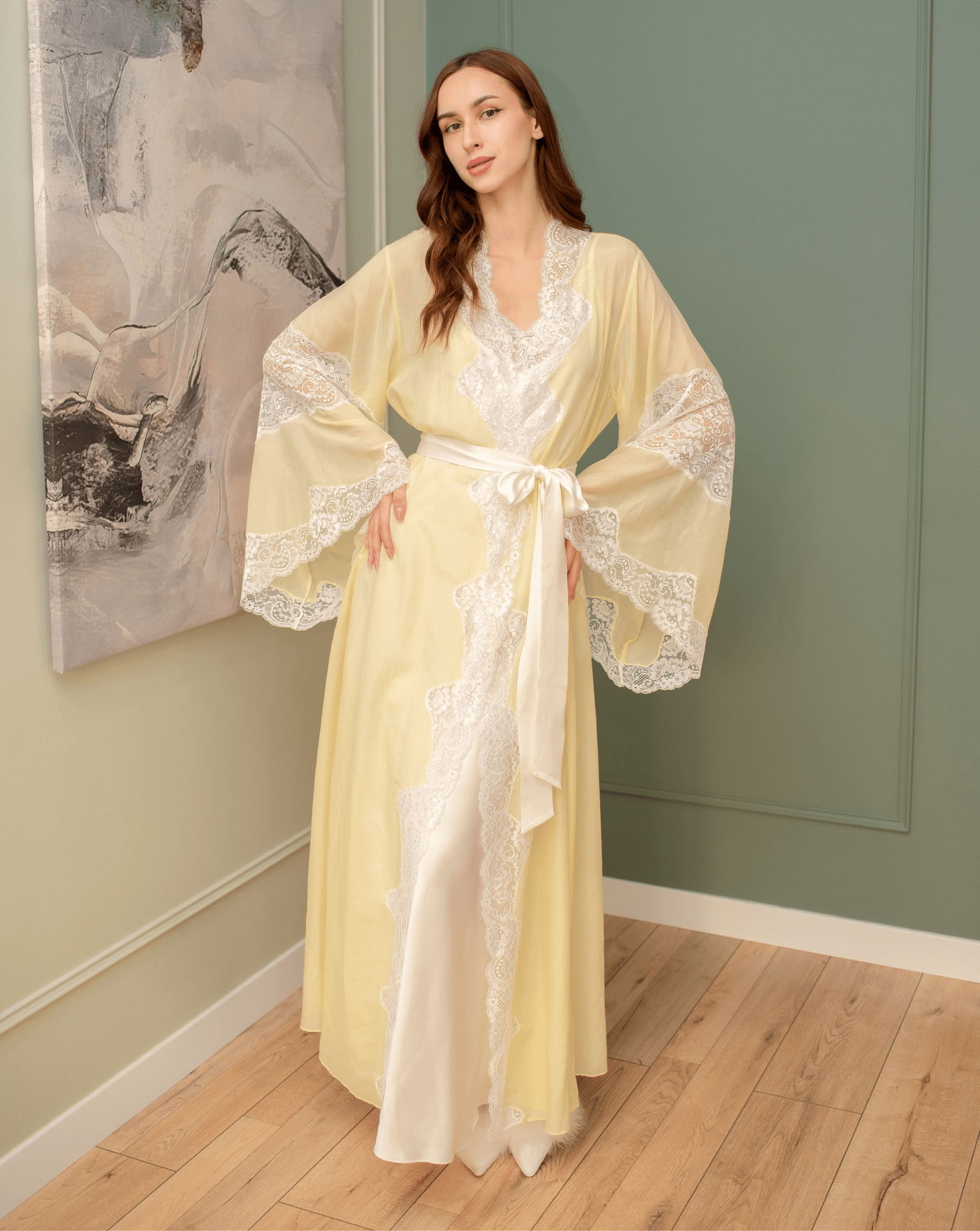 A complete Silk Robe and Nightgown Set in a wrap-over style with a tie, emphasizing a refined loungewear look.