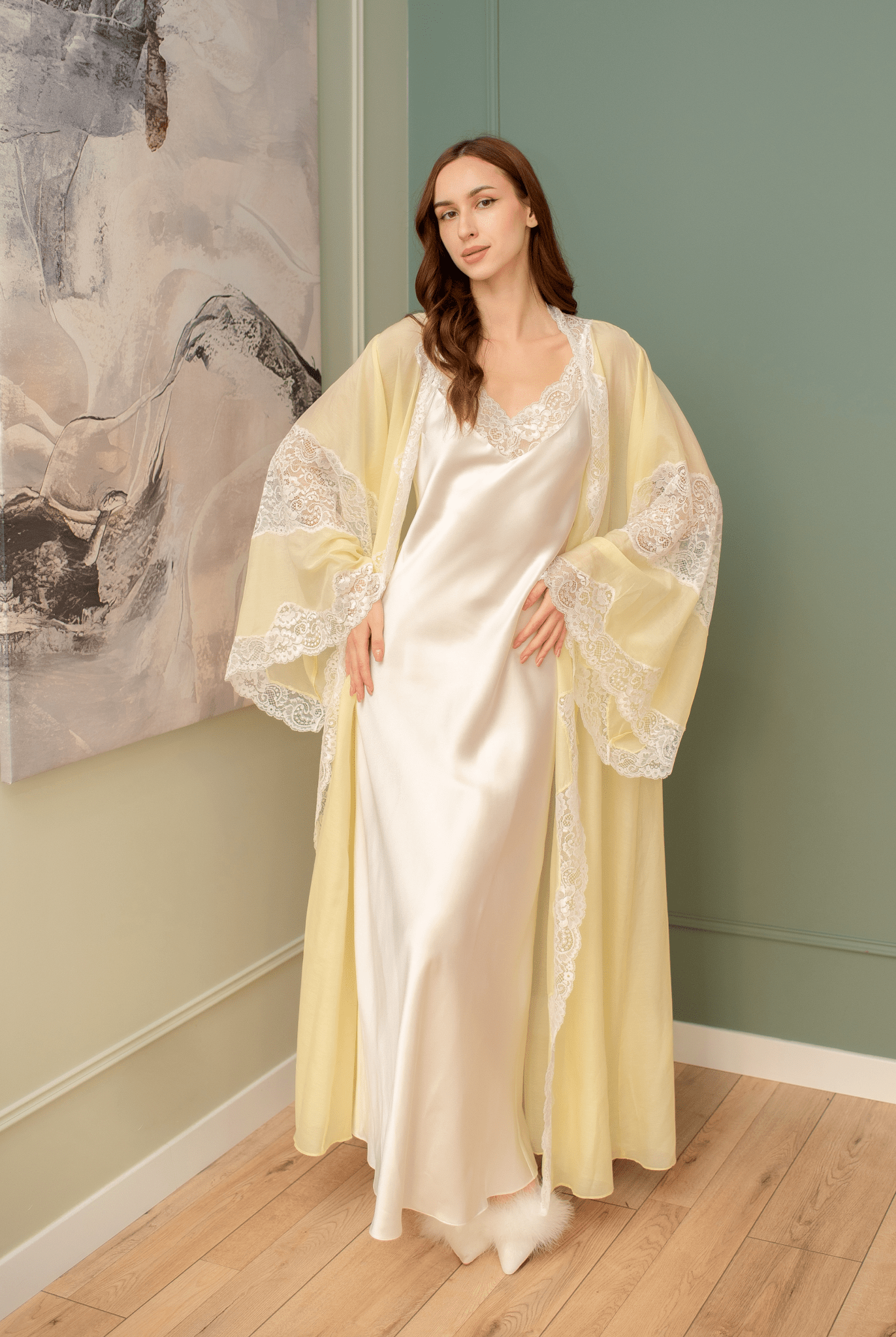Full-length view of the Silk Robe and Nightgown Set with hands on the hips, showcasing the graceful silk drape.
