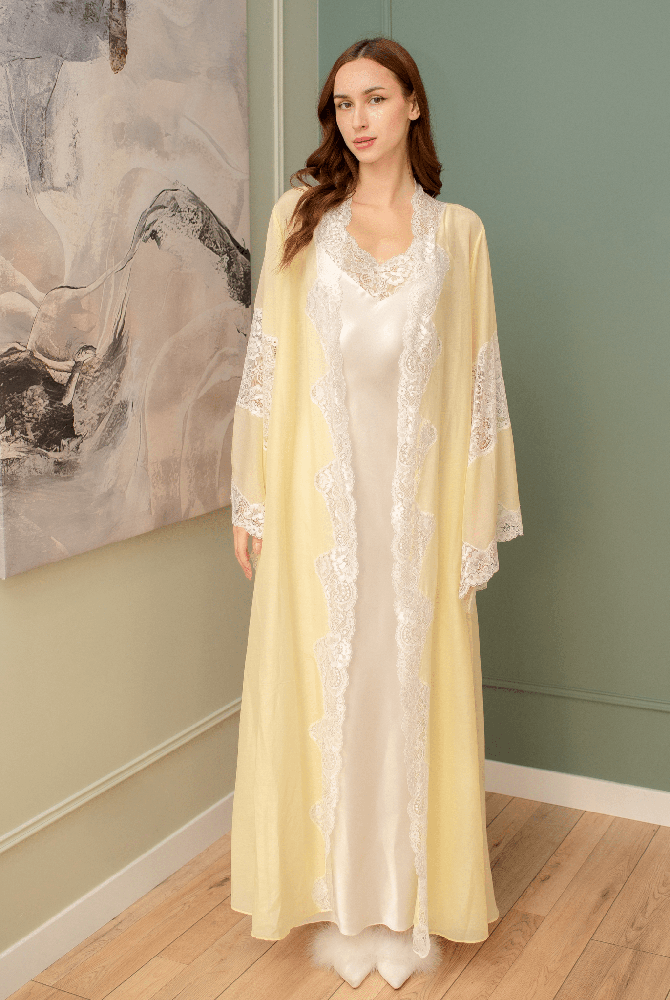 A straightforward full-length view of the Silk Robe and Nightgown Set, celebrating the natural softness of silk.