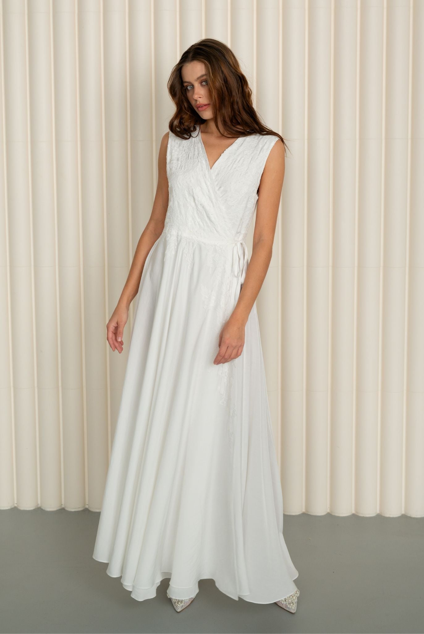 Model in flowing white maternity nightgown made from soft viscose by Kafemme