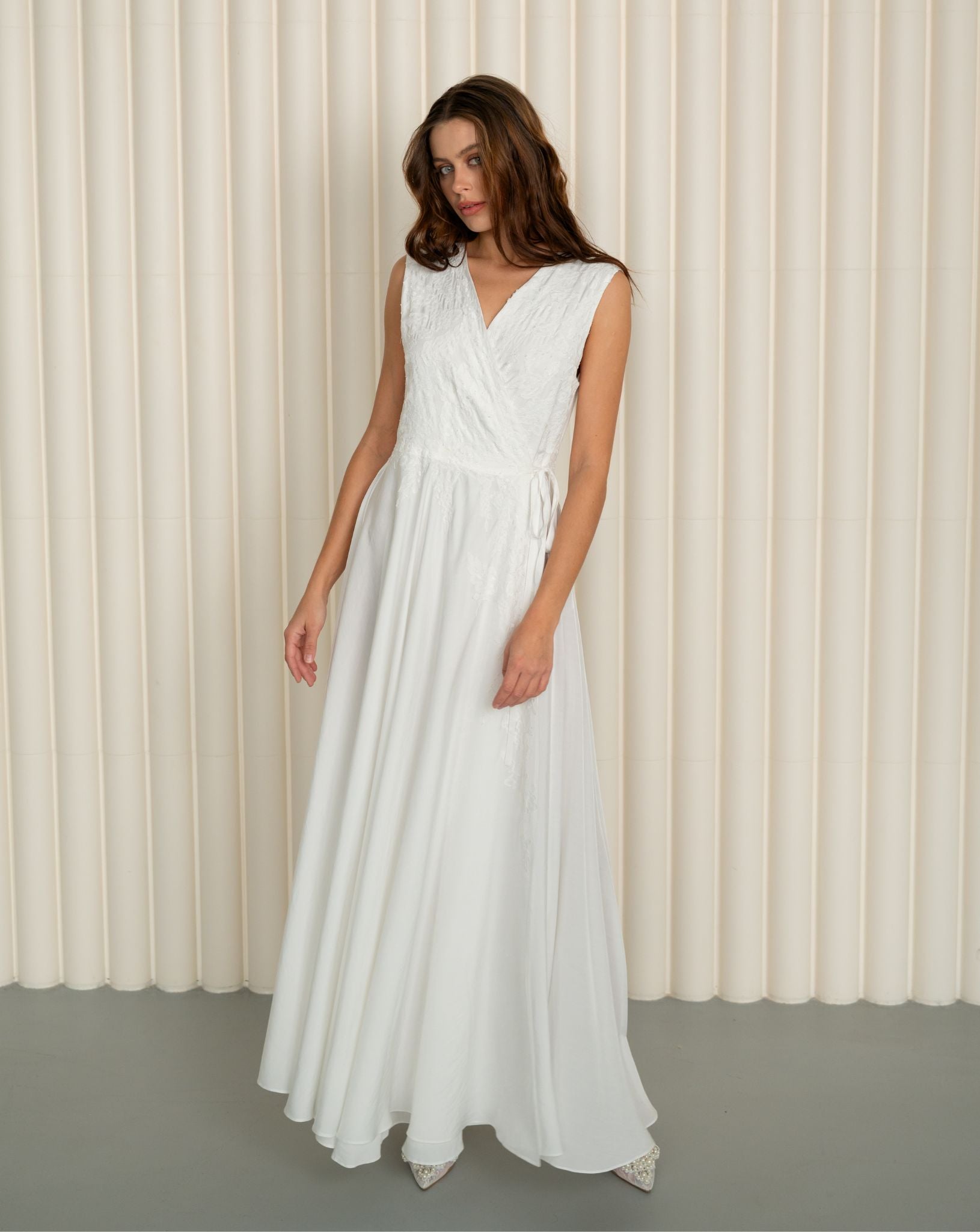 Model in flowing white maternity nightgown made from soft viscose by Kafemme