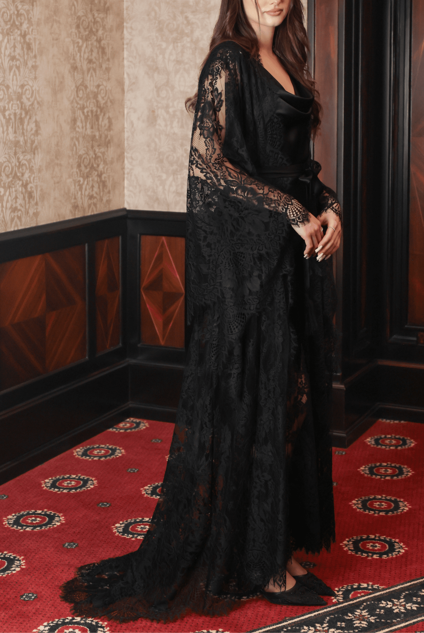 A side perspective of the Silk Robe and Nightgown Set, capturing the soft train that trails behind for a statement finish.