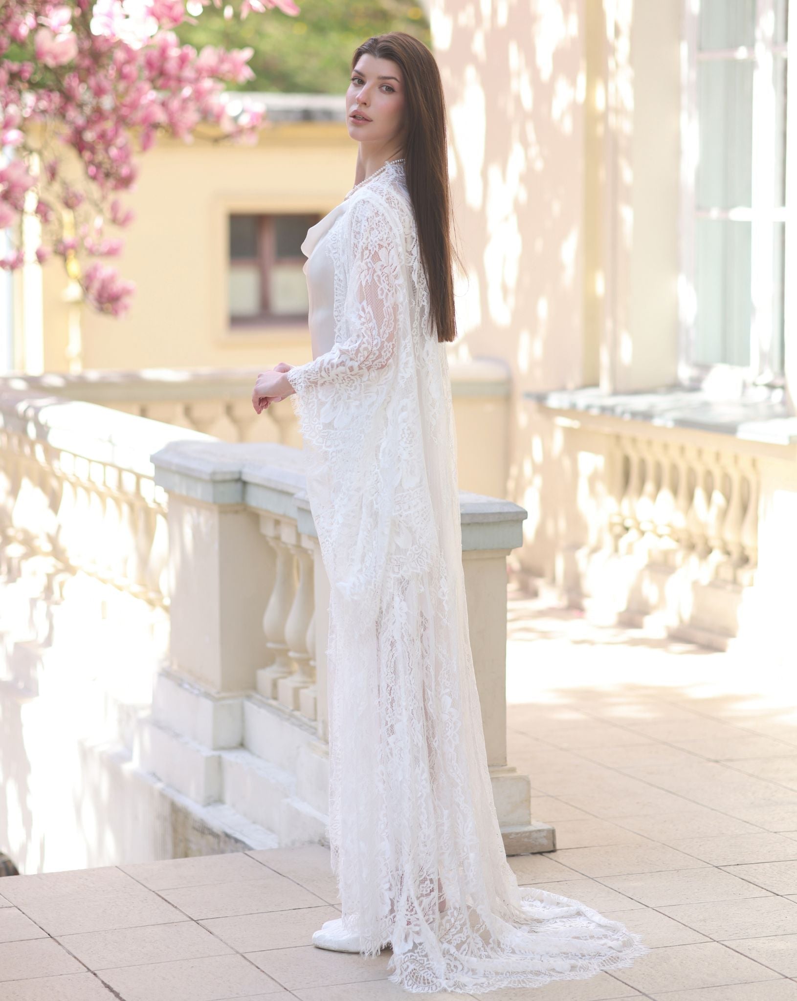 Rear perspective of the Silk Robe and Nightgown Set, emphasizing the dramatic train and lace detailing.