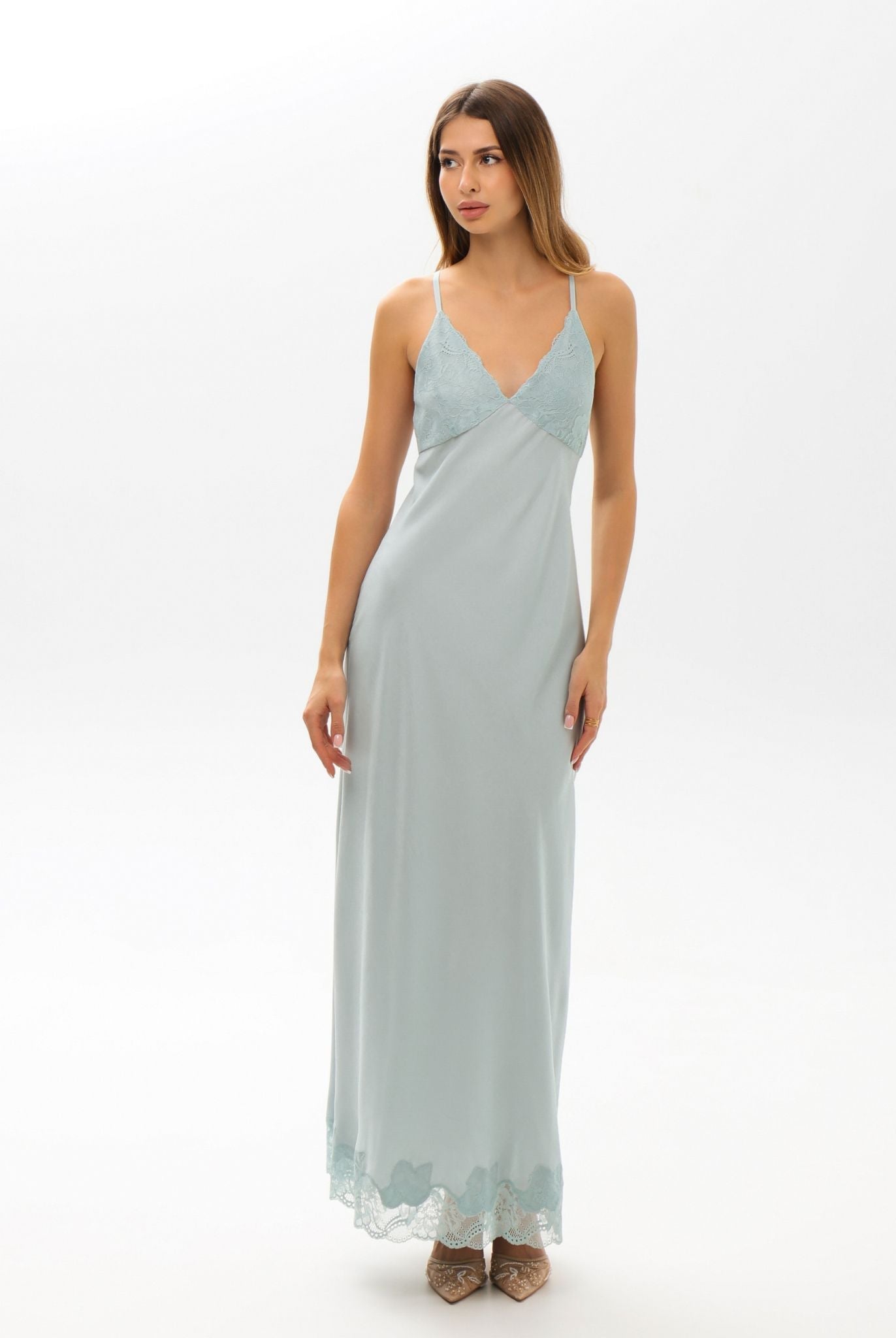 Front view of the 100% viscose nightgown, highlighting the subtle lace accents and elegant, lightweight finish.