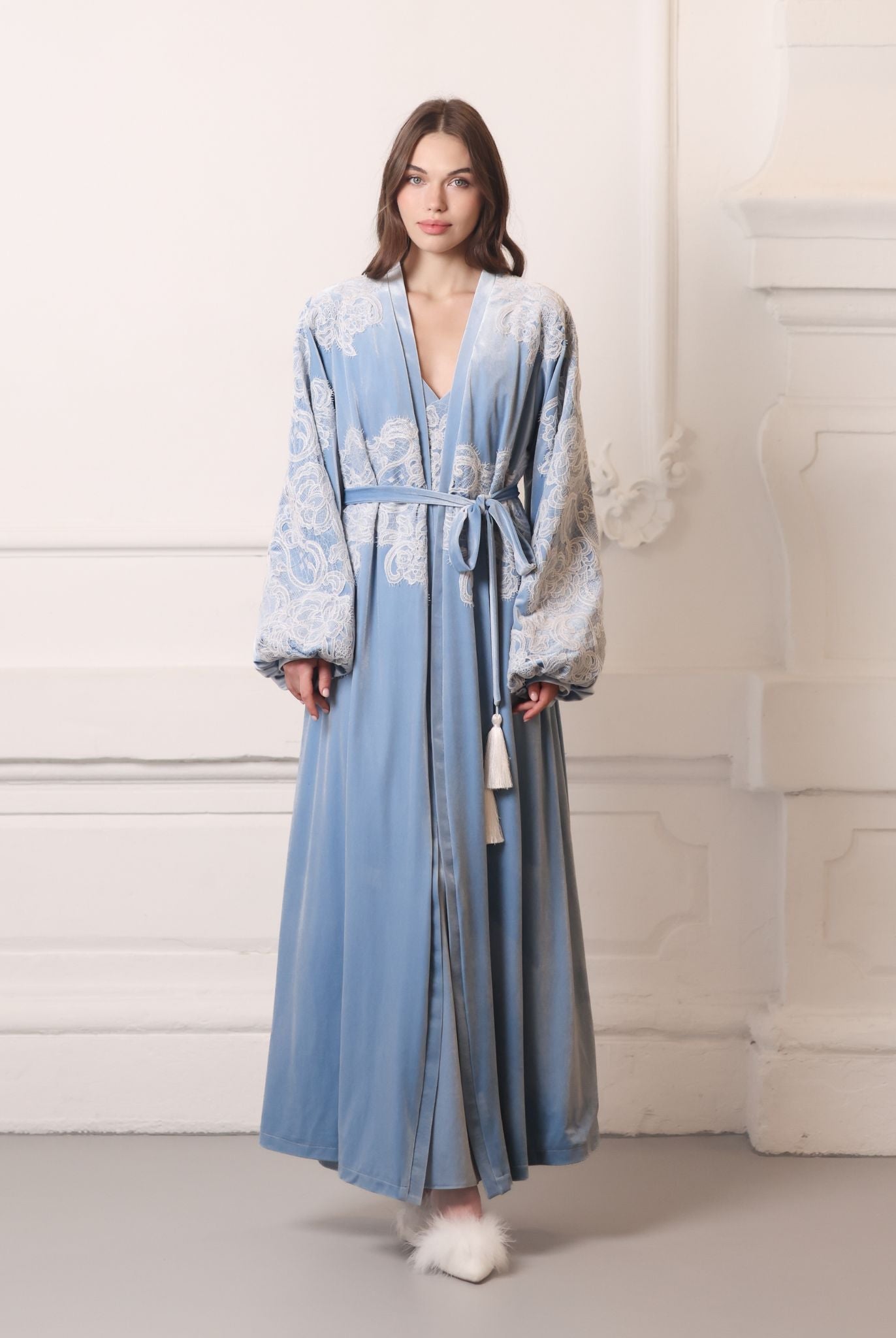Majestic Velvet Robe and Nightgown Set in a static pose, perfect for elegant lounging or bridal preparation.
