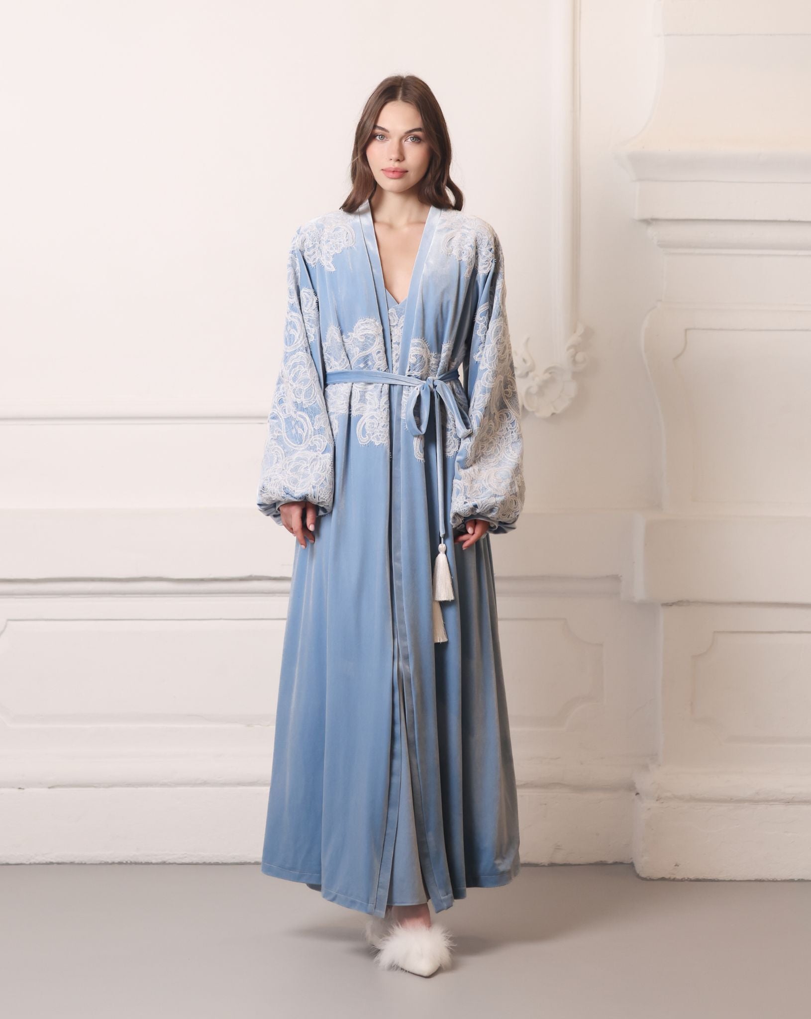 Majestic Velvet Robe and Nightgown Set in a static pose, perfect for elegant lounging or bridal preparation.