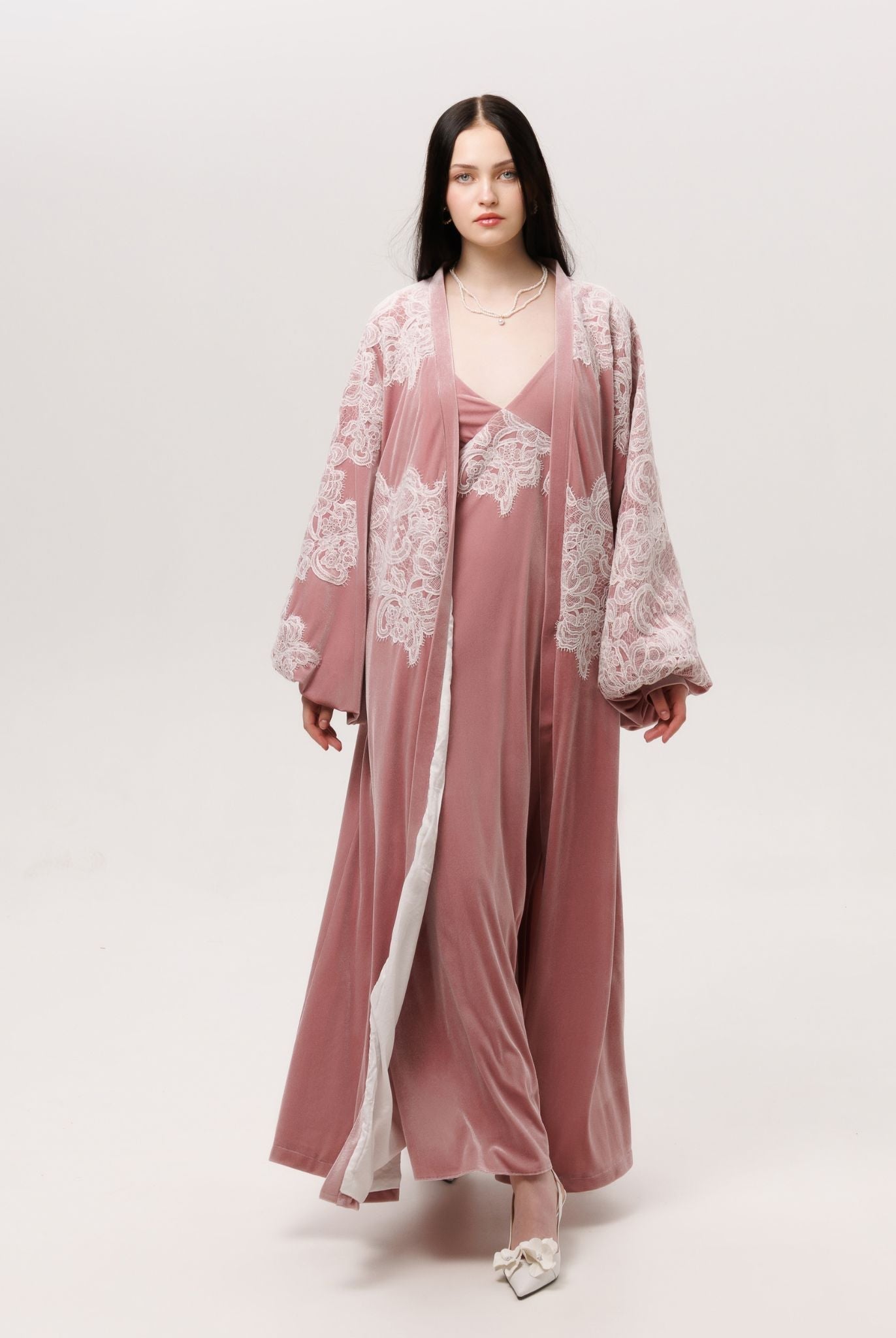 Capturing the Velvet Robe and Nightgown Set in motion, as the voluminous fabric follows every movement.