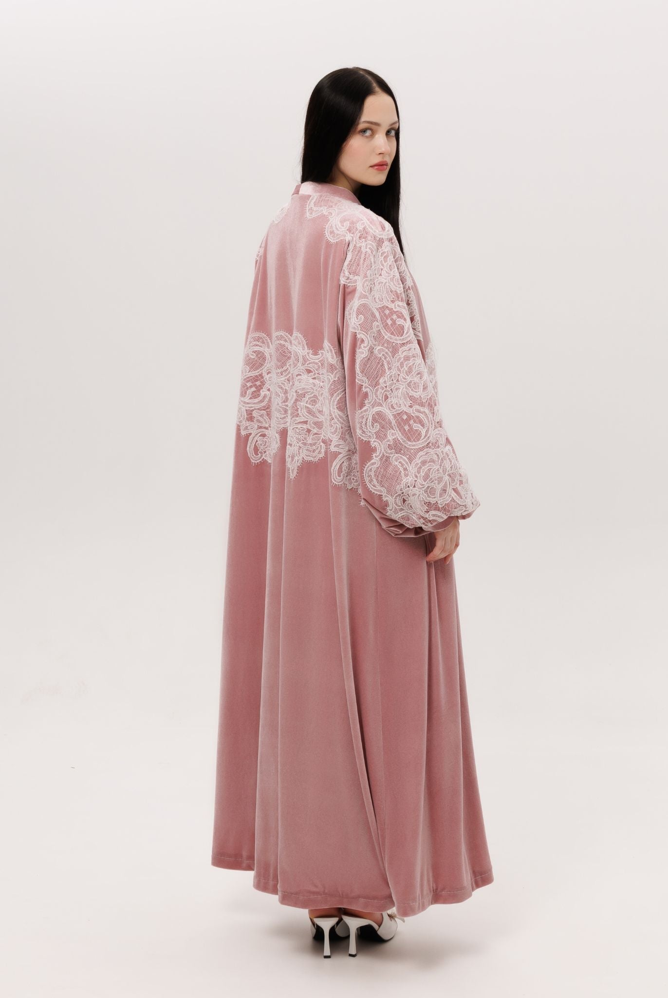 Rear view of the plush Velvet Robe and Nightgown Set, showcasing the intricate lace tracing the back.