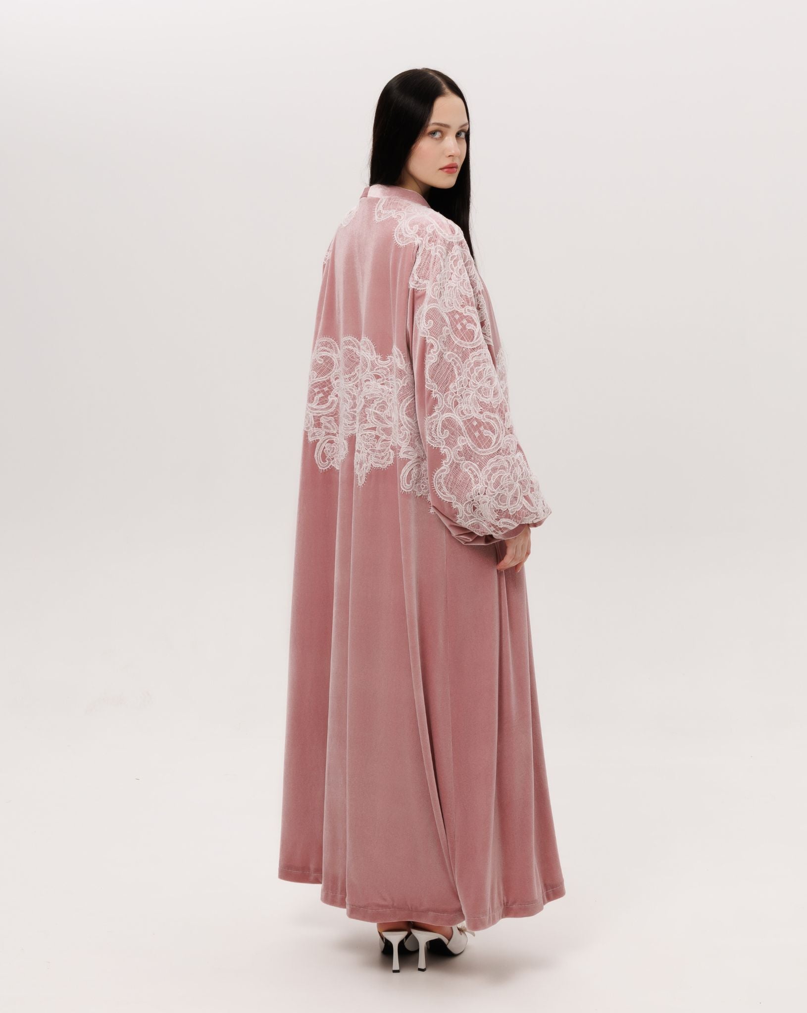 Rear view of the plush Velvet Robe and Nightgown Set, showcasing the intricate lace tracing the back.
